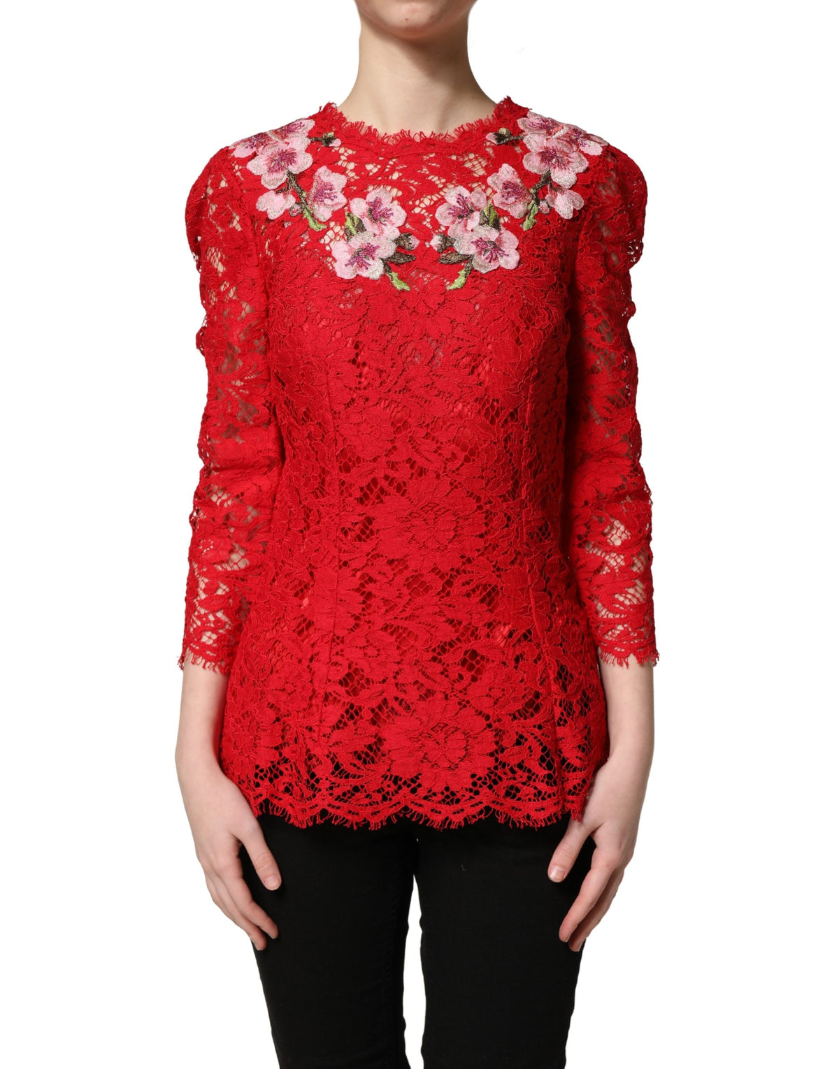 Dolce & Gabbana Red Lace Floral Embroidery Long Sleeves Top