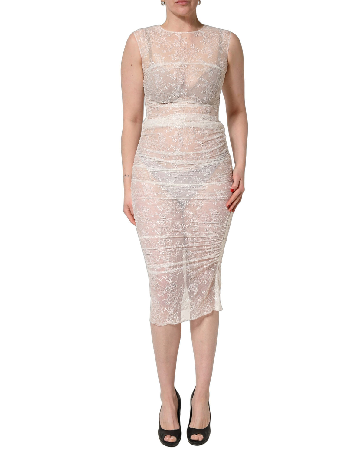 Dolce & Gabbana White Floral Lace Sheer Sleeveless Midi Dress