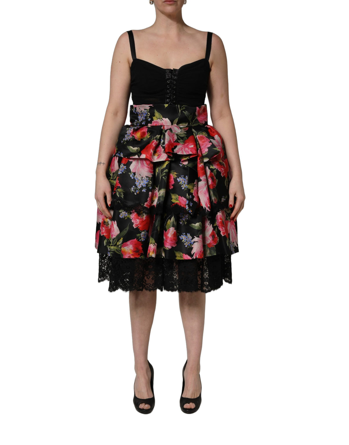 Dolce & Gabbana Black Sleeveless Bustier Floral Print Tiered Dress