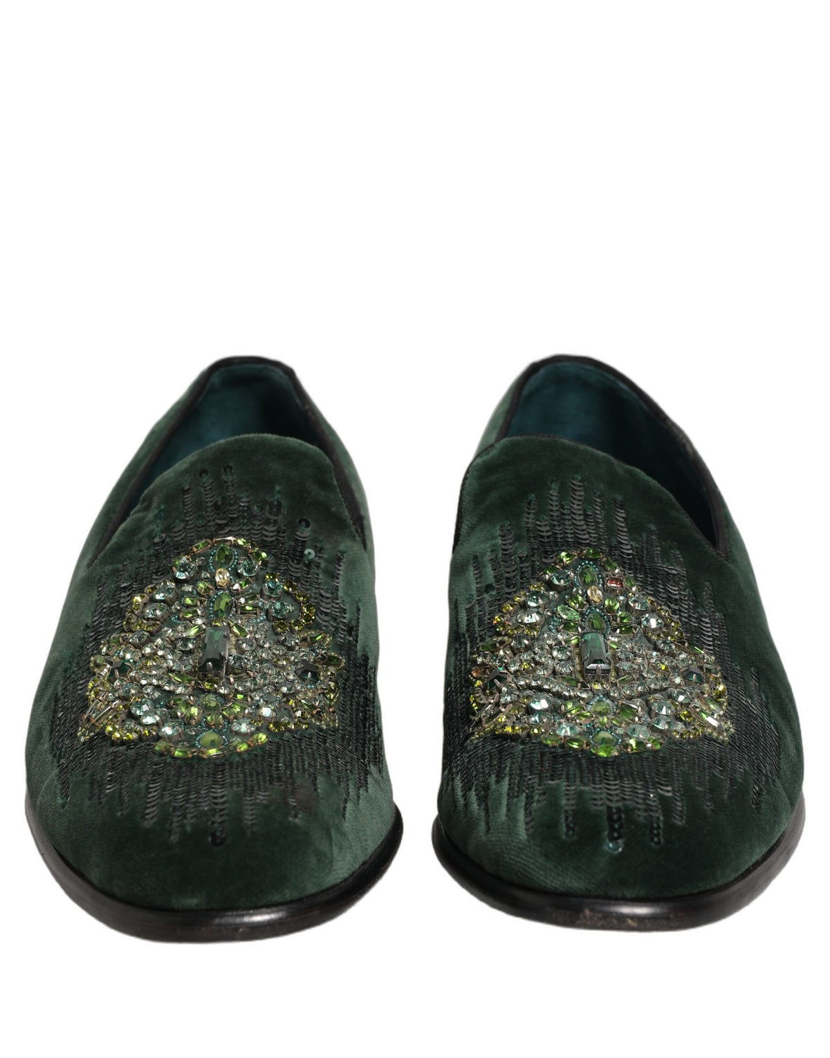 Dolce & Gabbana Green Velvet Embellished Dress Loafers Shoes