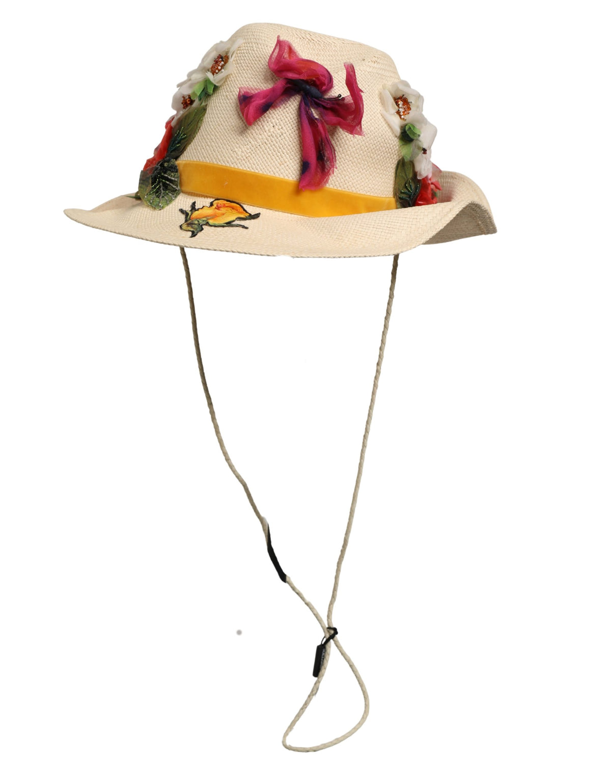 Dolce & Gabbana Women Beige Floral Apllique Straw Bucket Hat