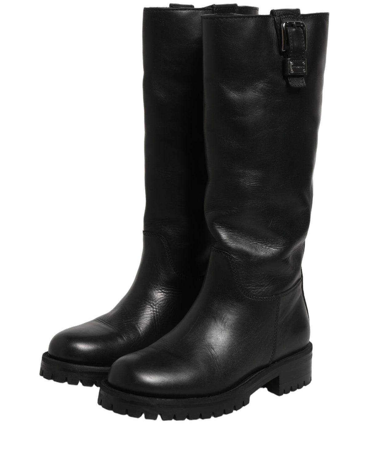 Dolce & Gabbana Black Leather Buckle Detail Mid Calf Boots Shoes