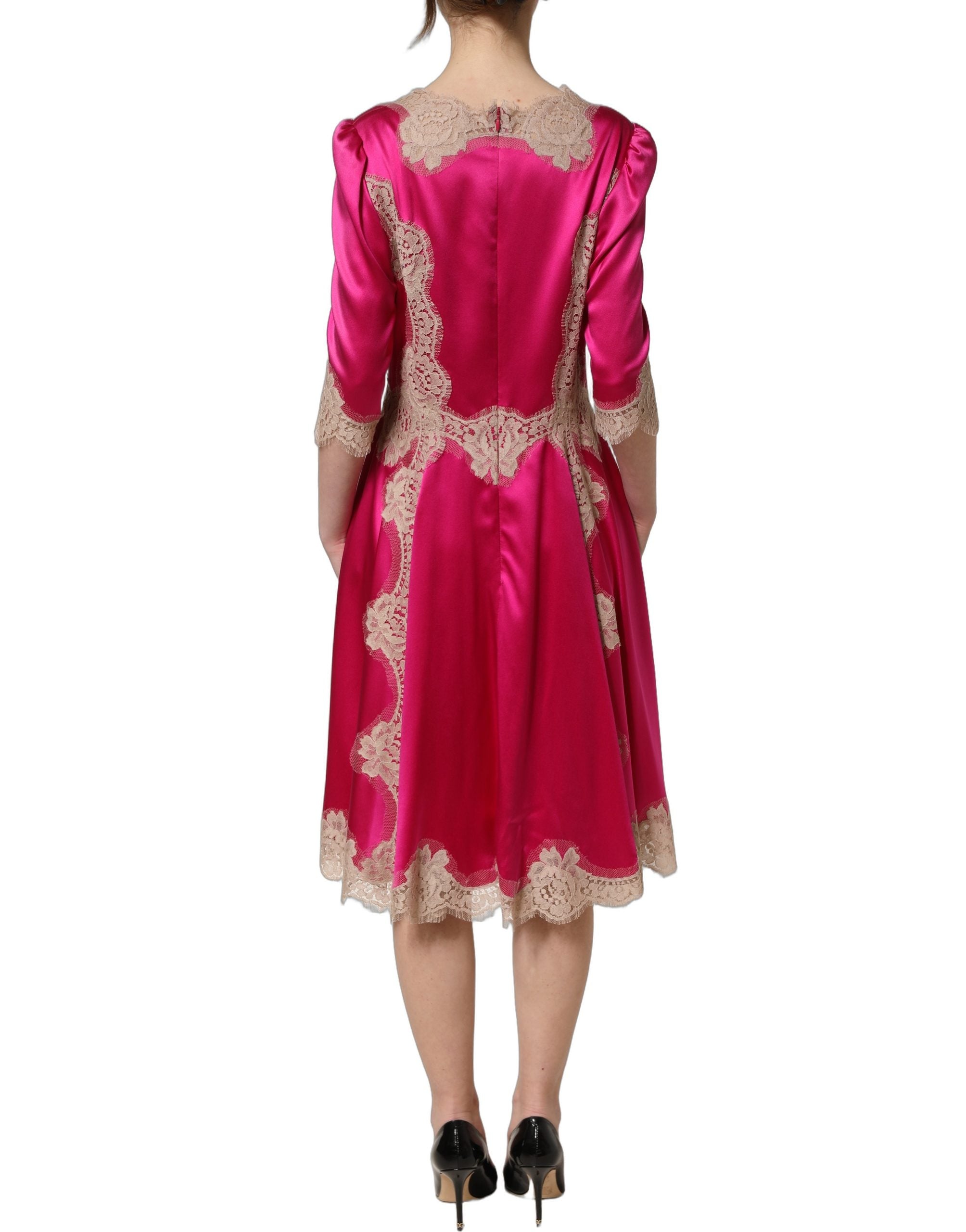 Dolce & Gabbana Fuchsia Pink Lace Detail A-line Midi Dress