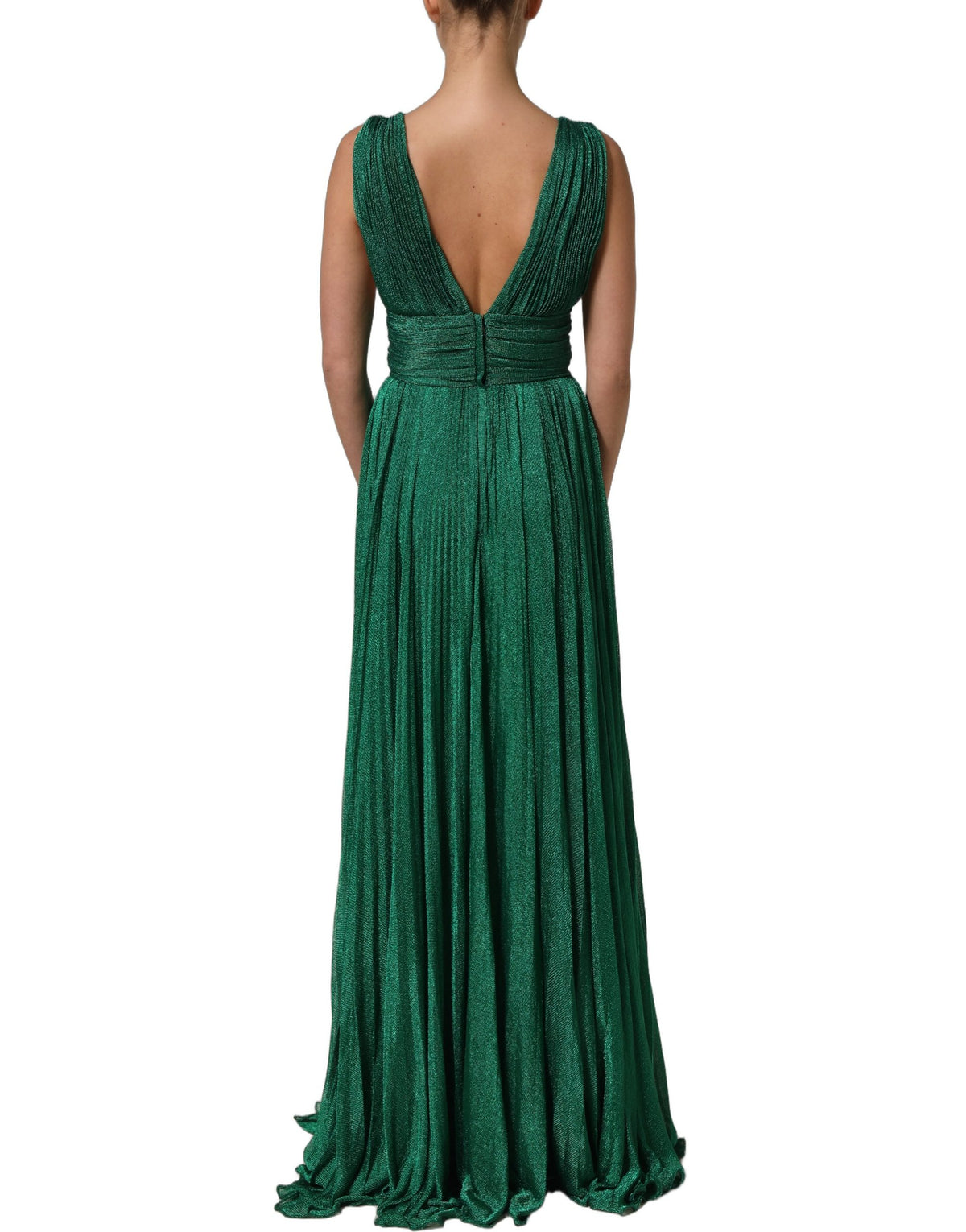 Dolce & Gabbana Metallic Green Sleeveless Plissé Gown Dress
