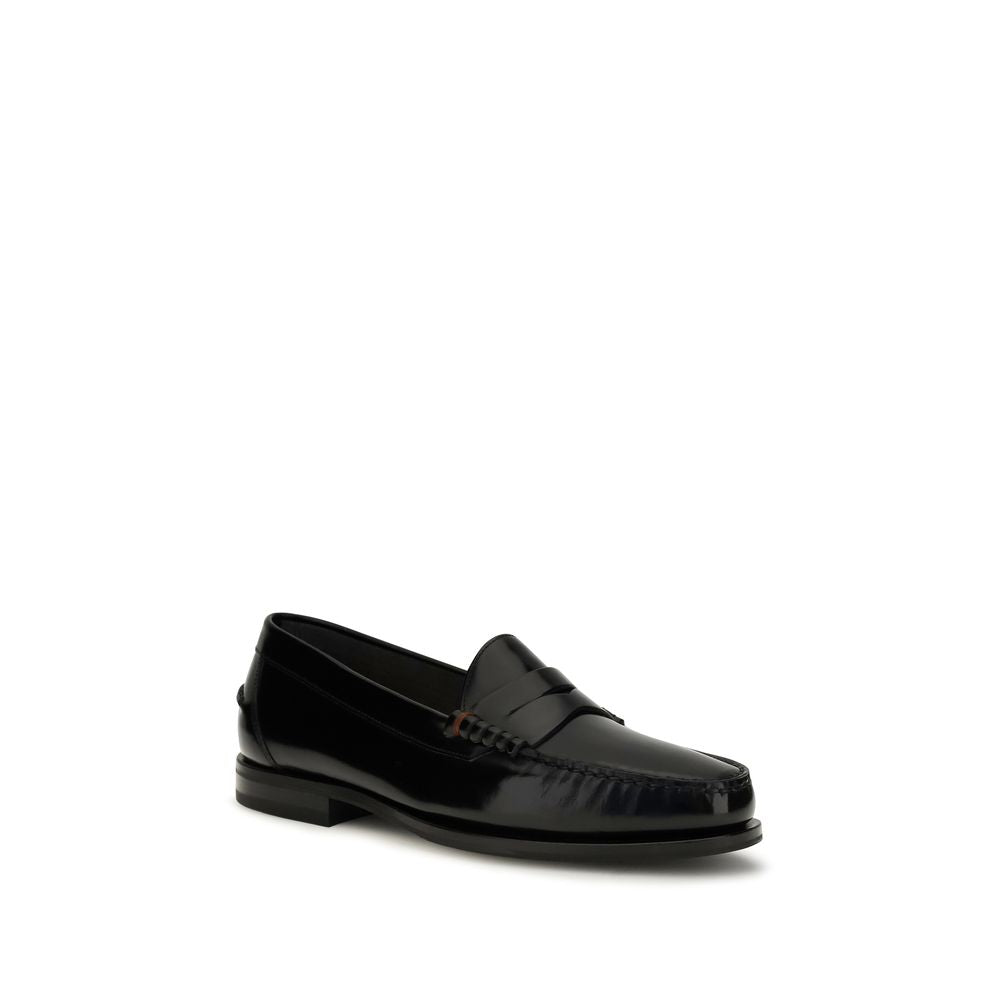 Santoni Black Calf Leather Bos Taurus Slip-On Loafers