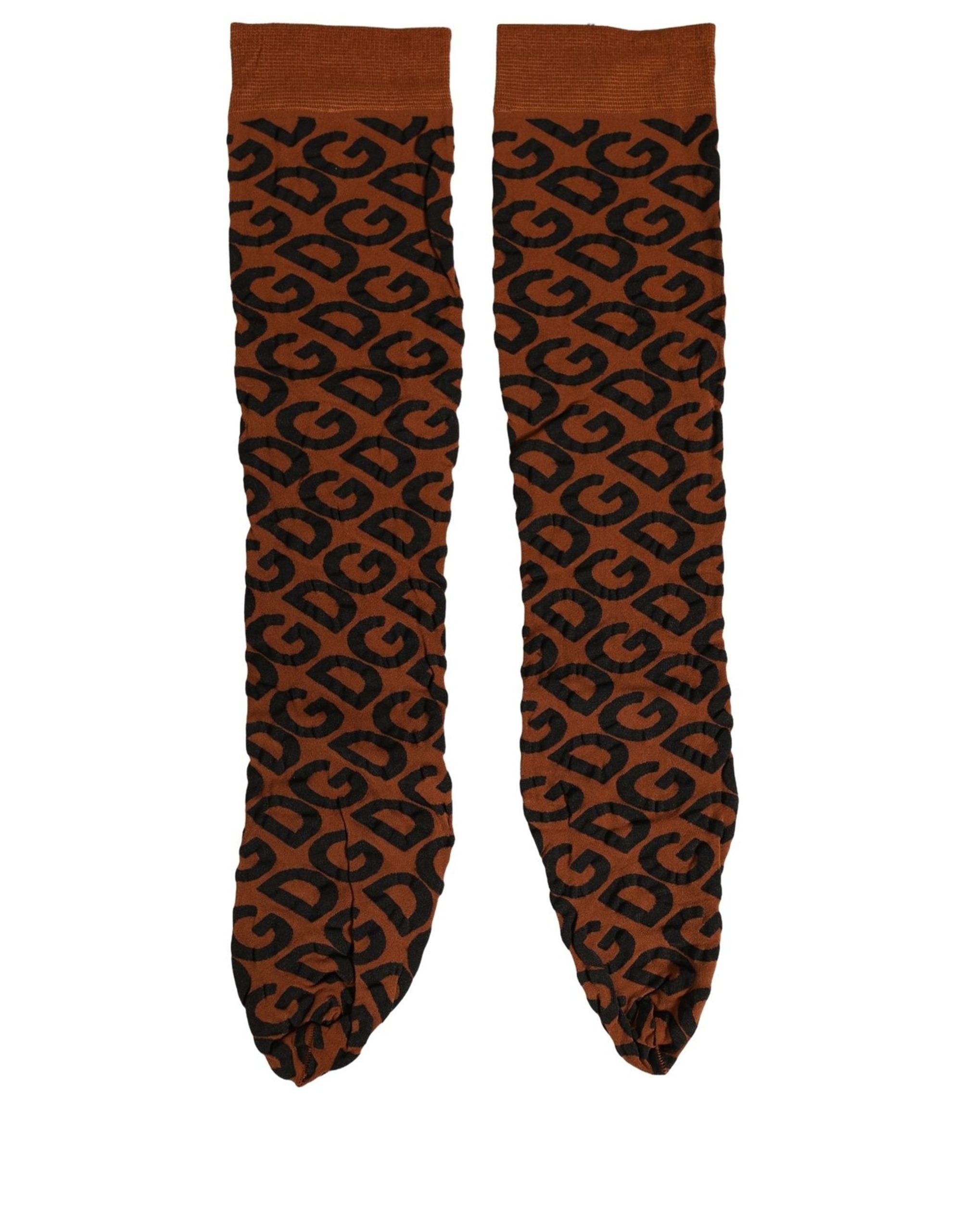 Dolce & Gabbana Brown Black Nylon DG Logo Mid Calf Accessory Socks