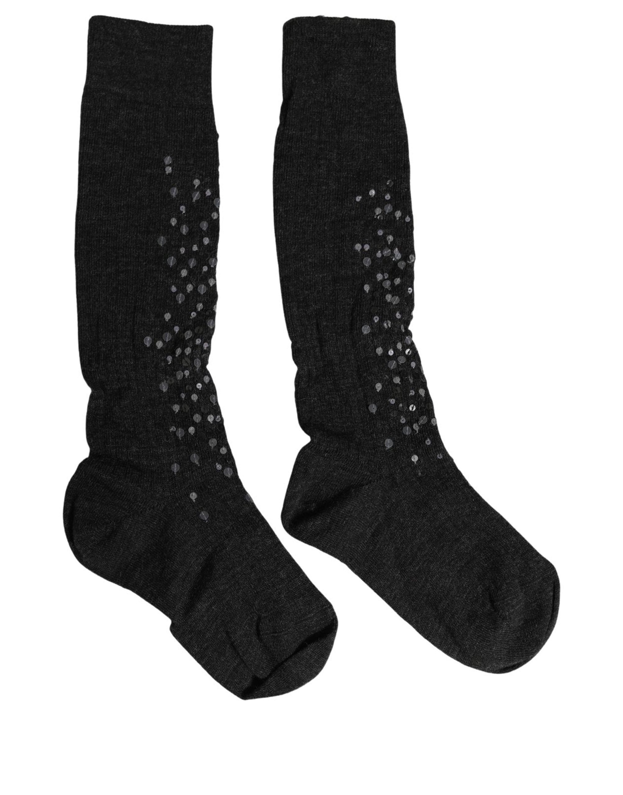 Dolce & Gabbana Dark Gray Sequined Wool Knee High Accessory Socks