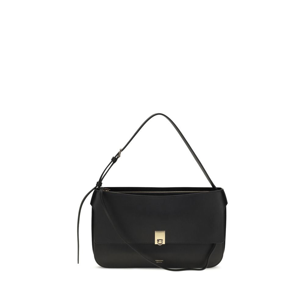 Ferragamo Black Calf Leather Bos Taurus Shoulder Bag