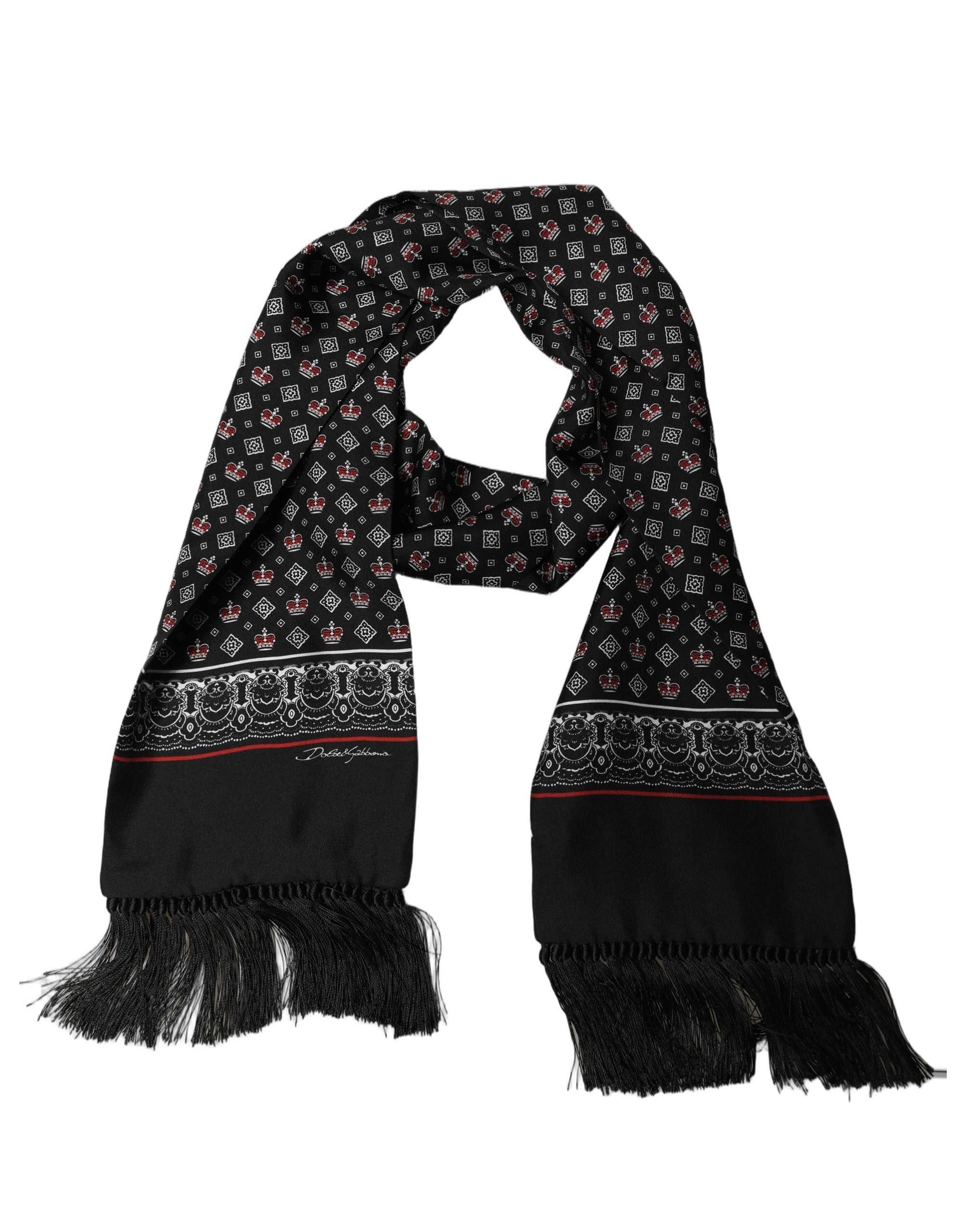Dolce & Gabbana Black Silk Crown Fringed Neck Shawl Scarf
