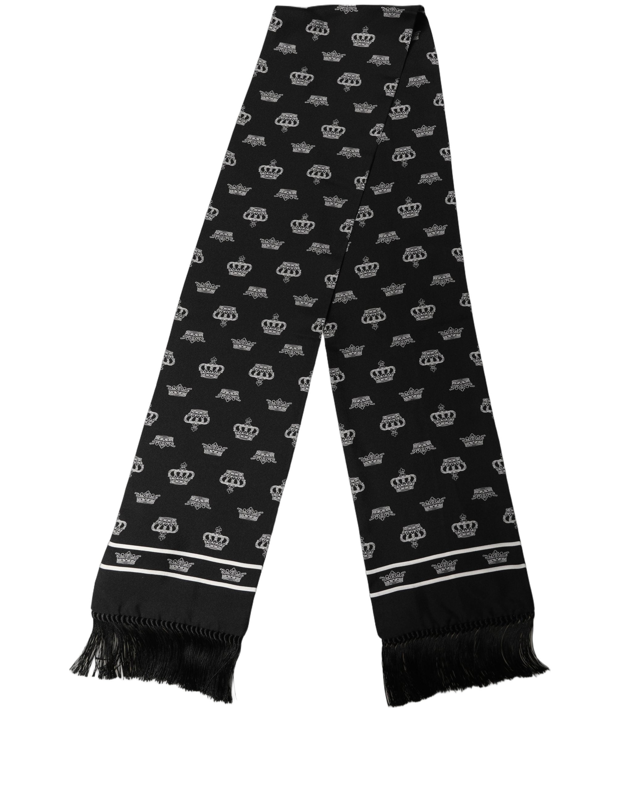 Dolce & Gabbana Black Silk Crown Fringed Neck Shawl Scarf