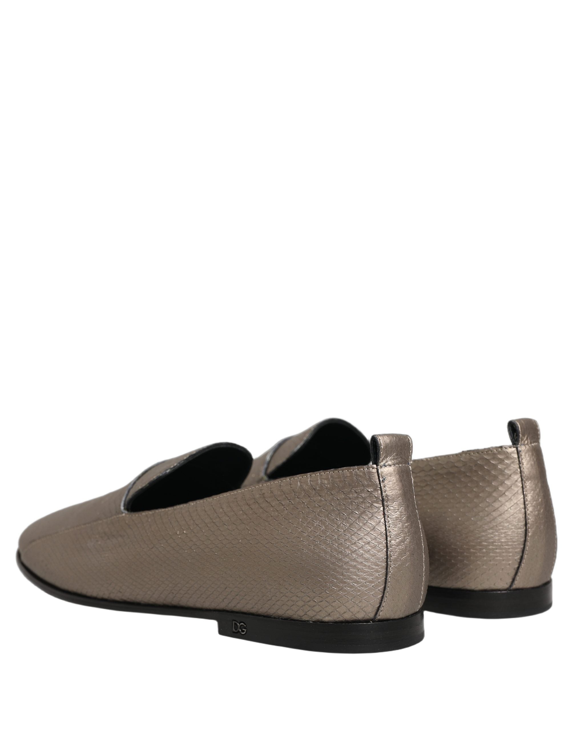 Dolce & Gabbana Silver Leather Logo Slip On Loafers Shoes