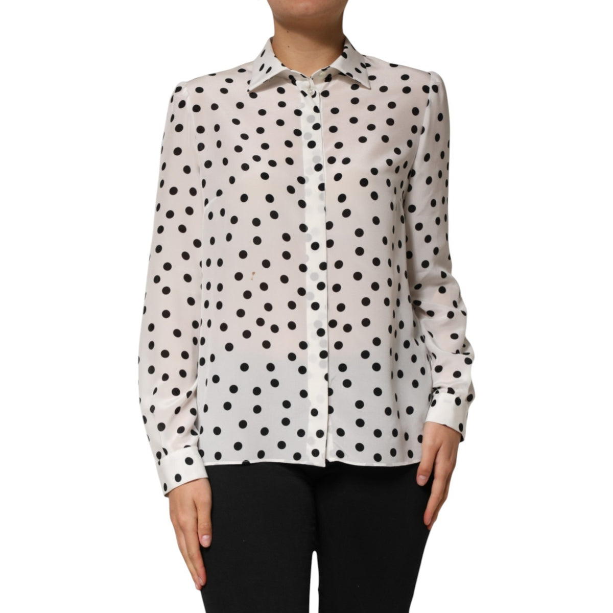 Dolce & Gabbana White Black Dotted Silk Long Sleeves Top