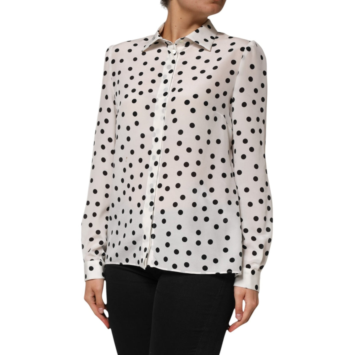 Dolce & Gabbana White Black Dotted Silk Long Sleeves Top