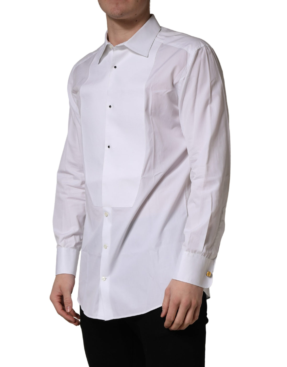 Dolce & Gabbana White Cotton Collared Bib GOLD Dress Shirt
