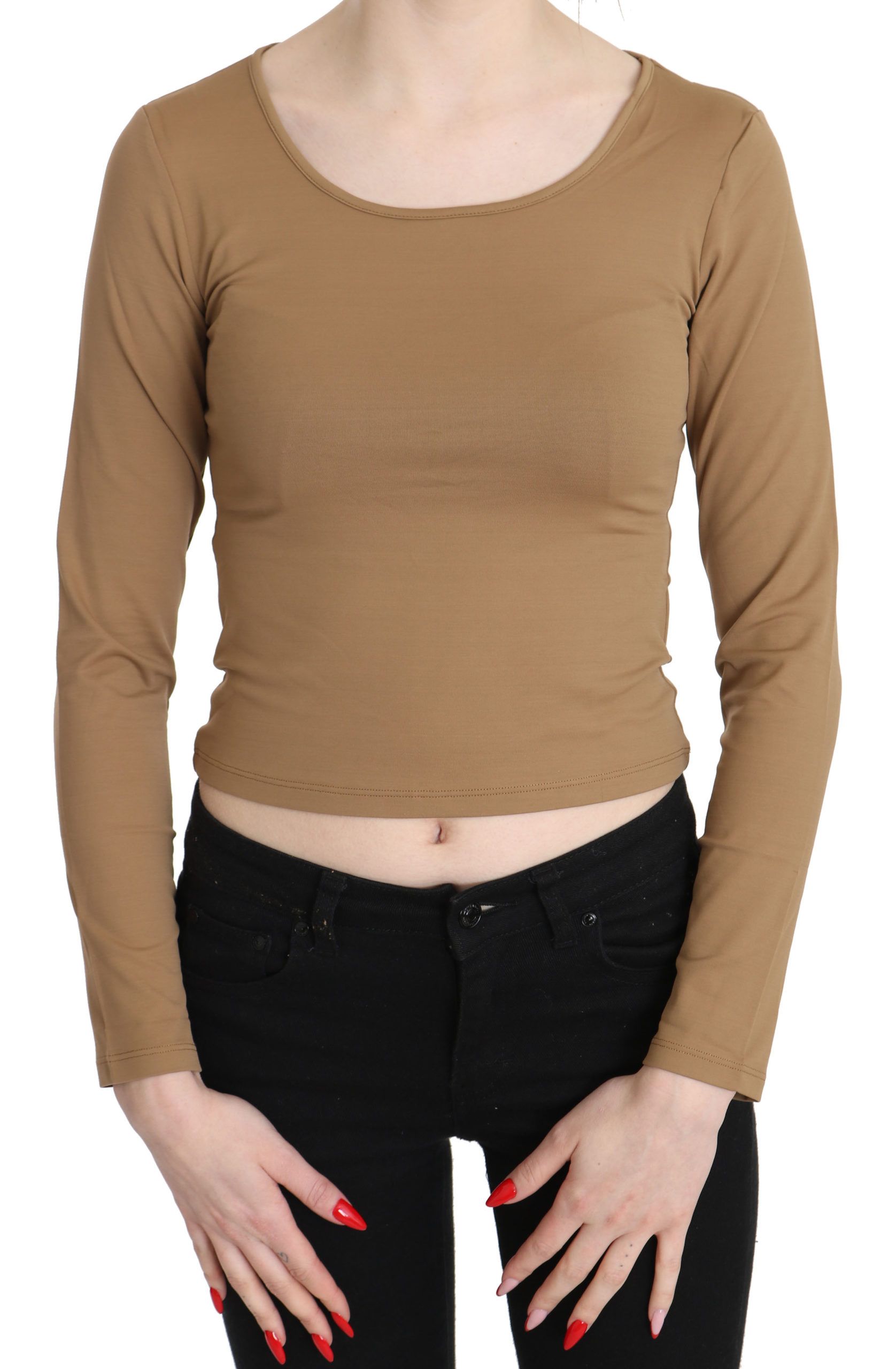 GF Ferre Brown Round Neck Long Sleeve Slim Crop Top Blouse