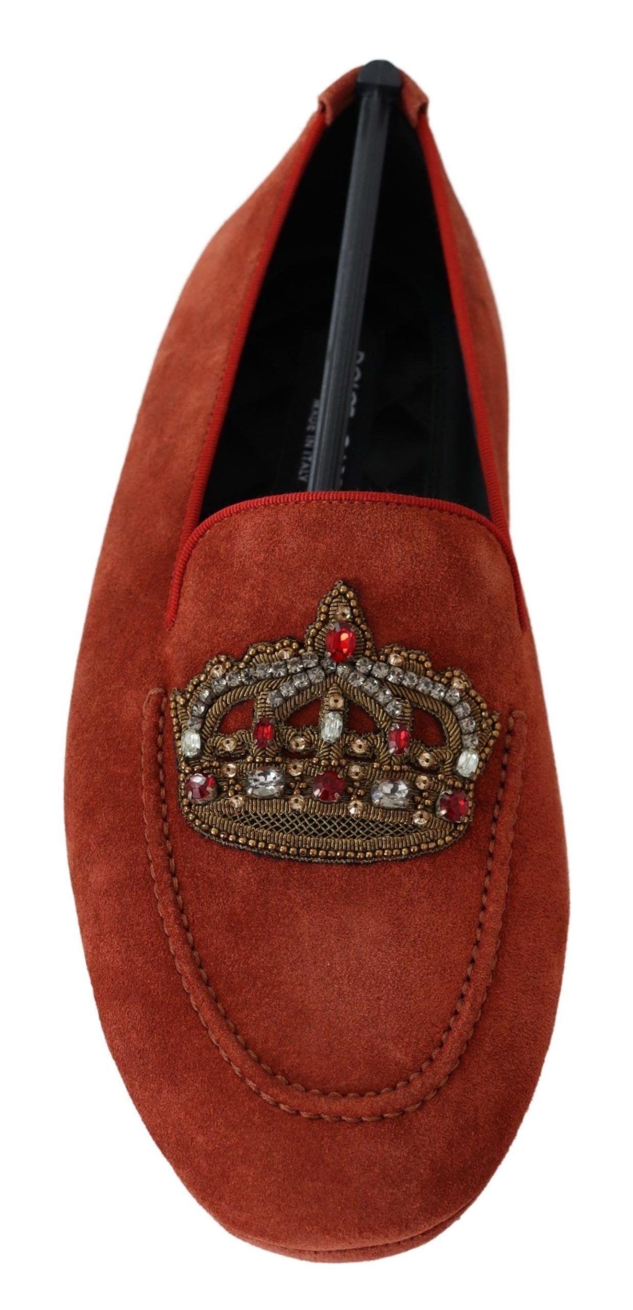 Dolce & Gabbana Orange Leather Crystal Crown Loafers Shoes