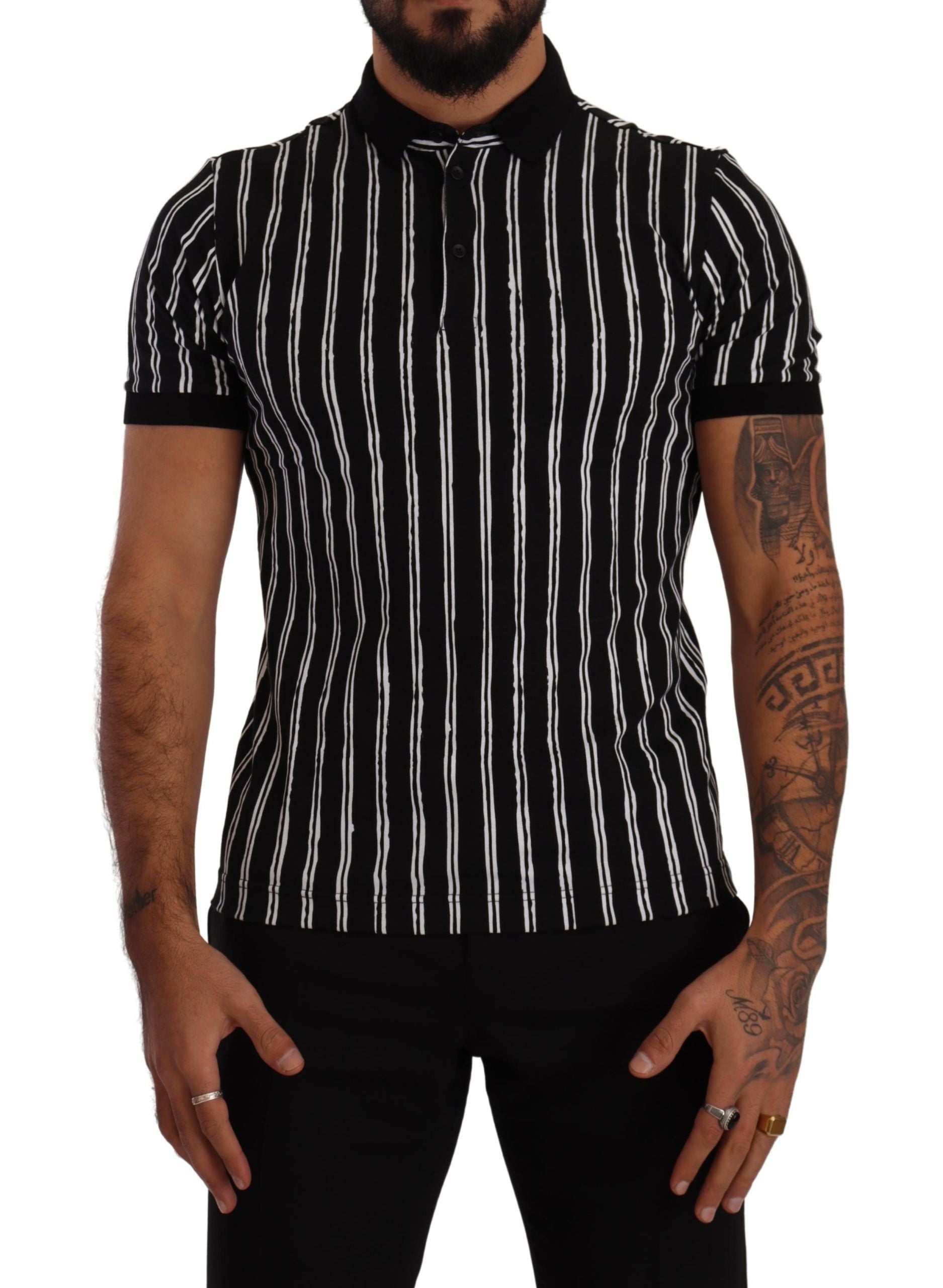 Dolce & Gabbana Black White Striped Polo Short Sleeve T-shirt