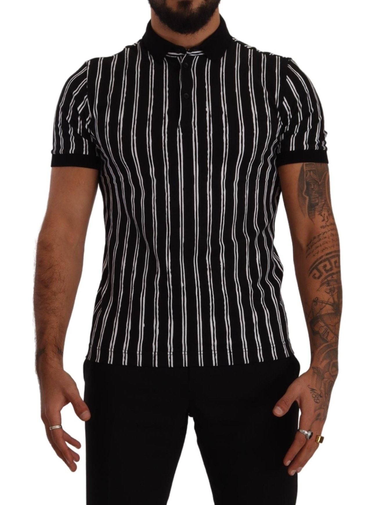 Dolce & Gabbana Black White Striped Polo Short Sleeve T-shirt