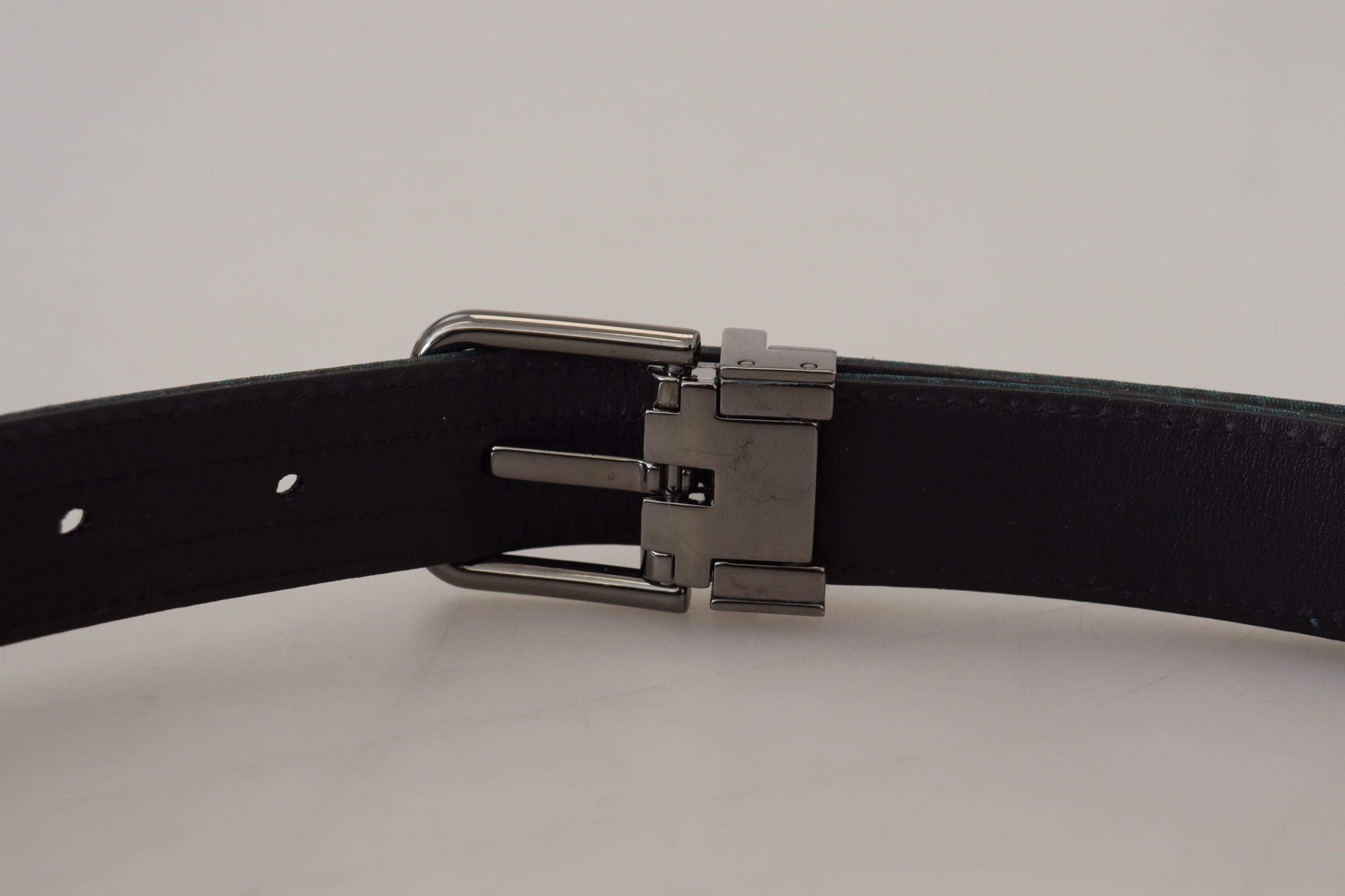 Dolce & Gabbana Blue Jacquard Moire Silver Metal Belt Men