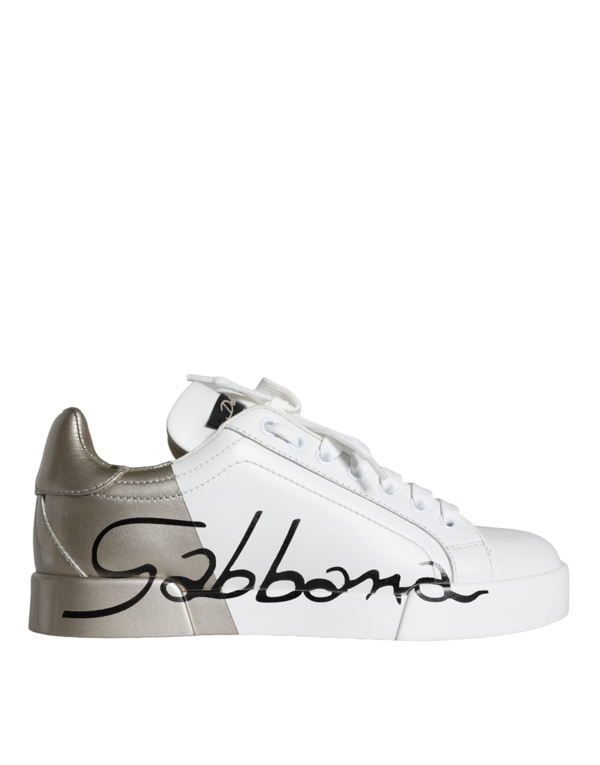Dolce Gabbana White Gold Portofino Low Top Leather Sneakers Shoes