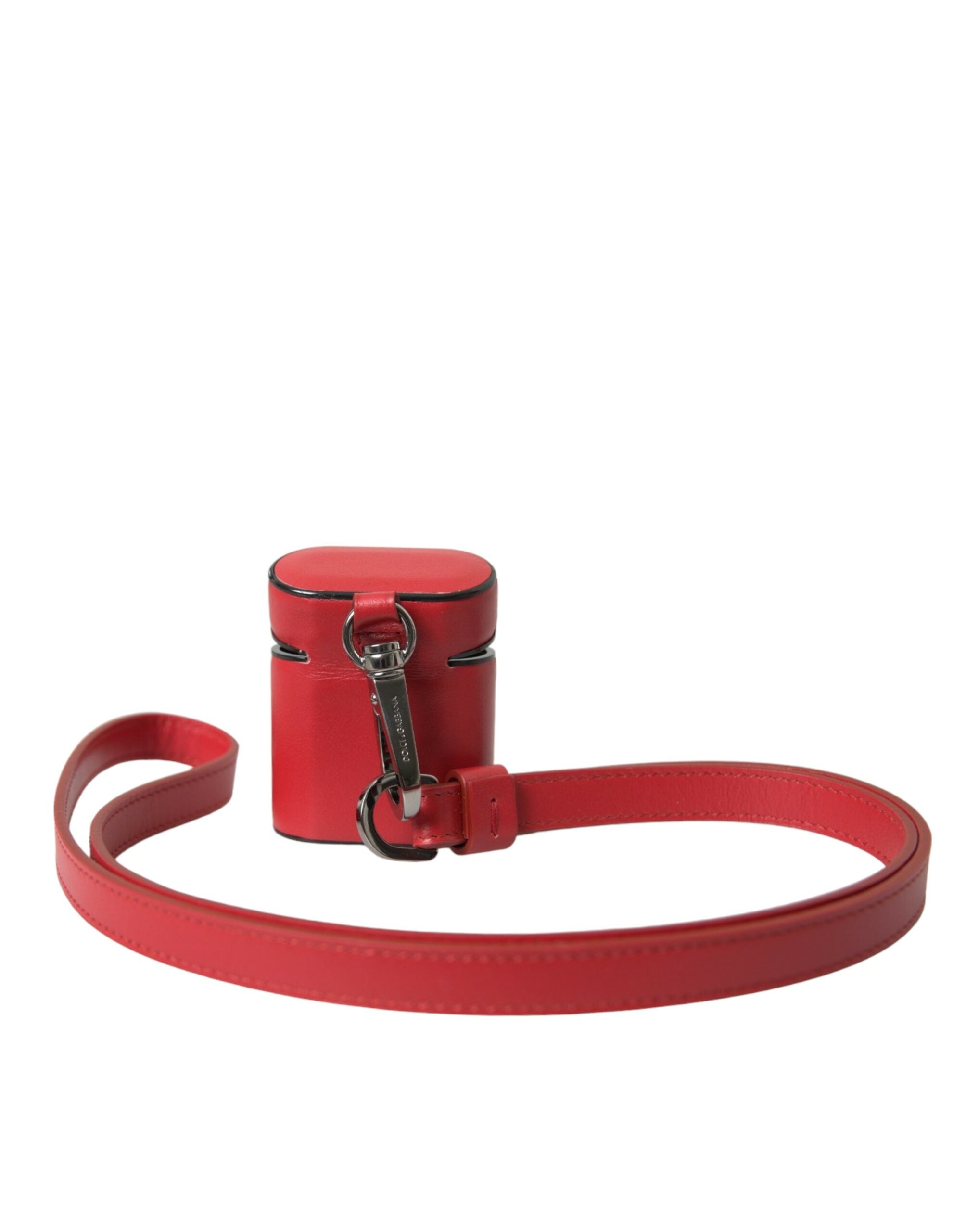 Red Calfskin Leather Logo Print Strap Men Airpods Case