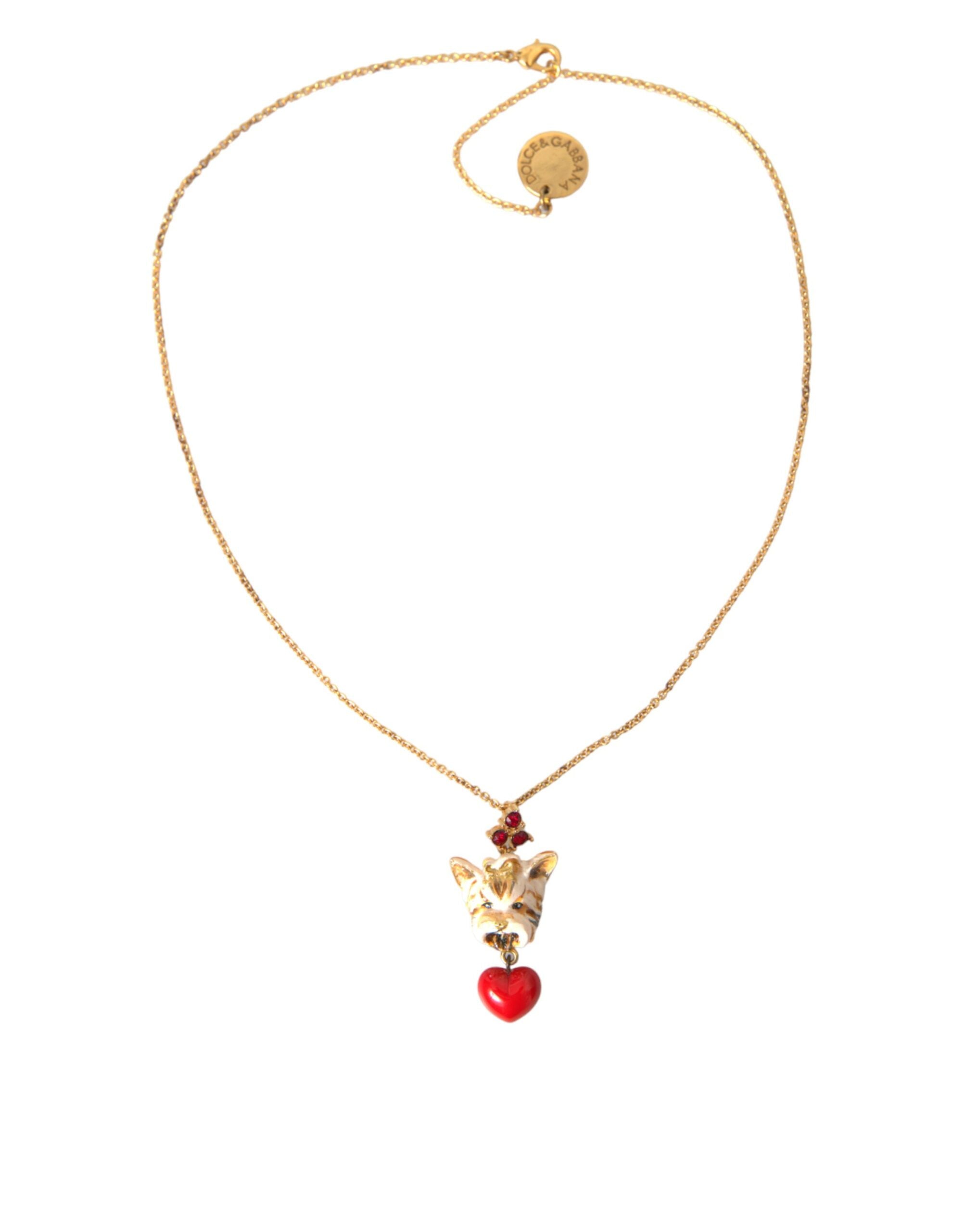Gold Brass Chain Dog Heart Pendant Charm Necklace