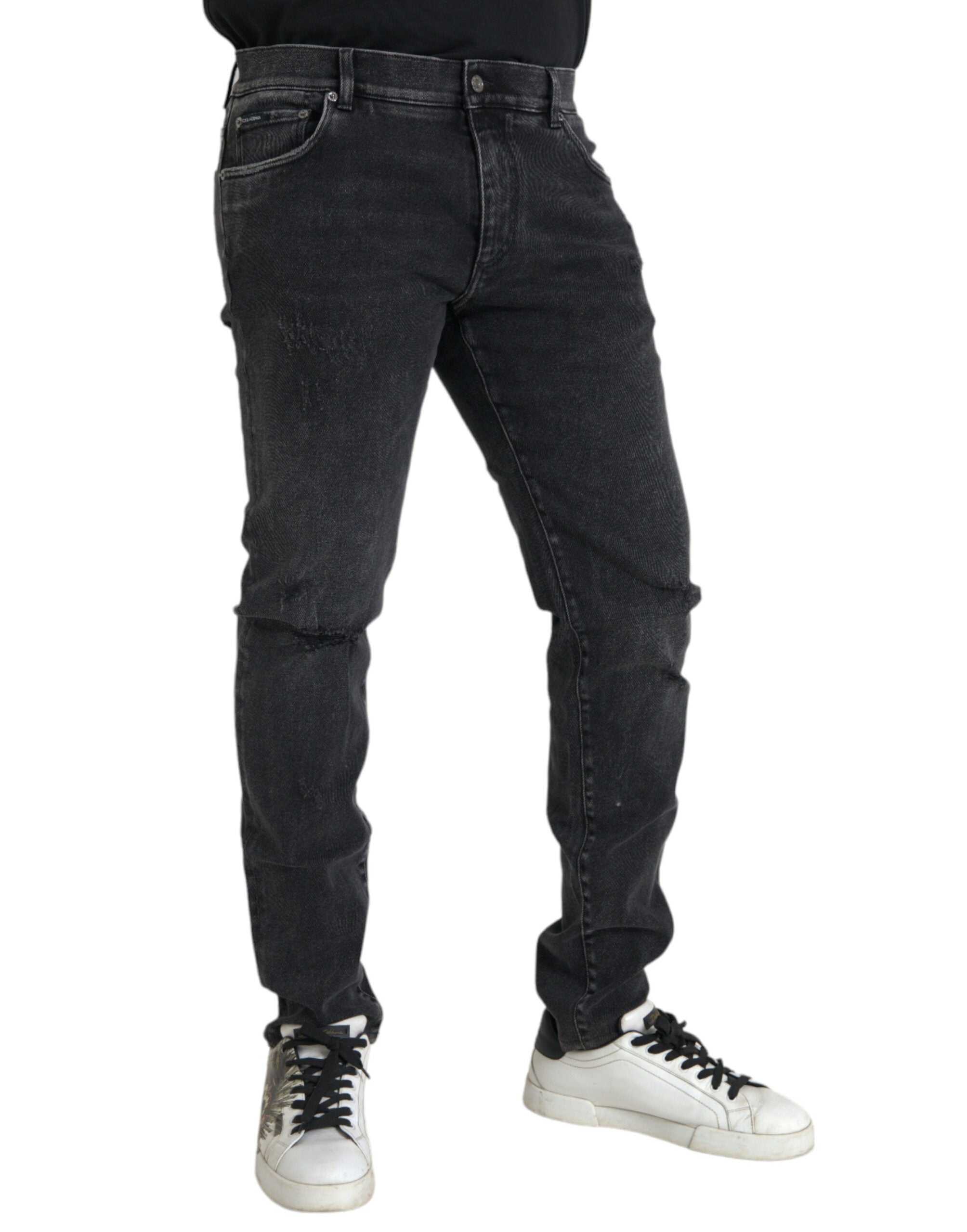 Gray Cotton Stretch Skinny Denim Logo Jeans