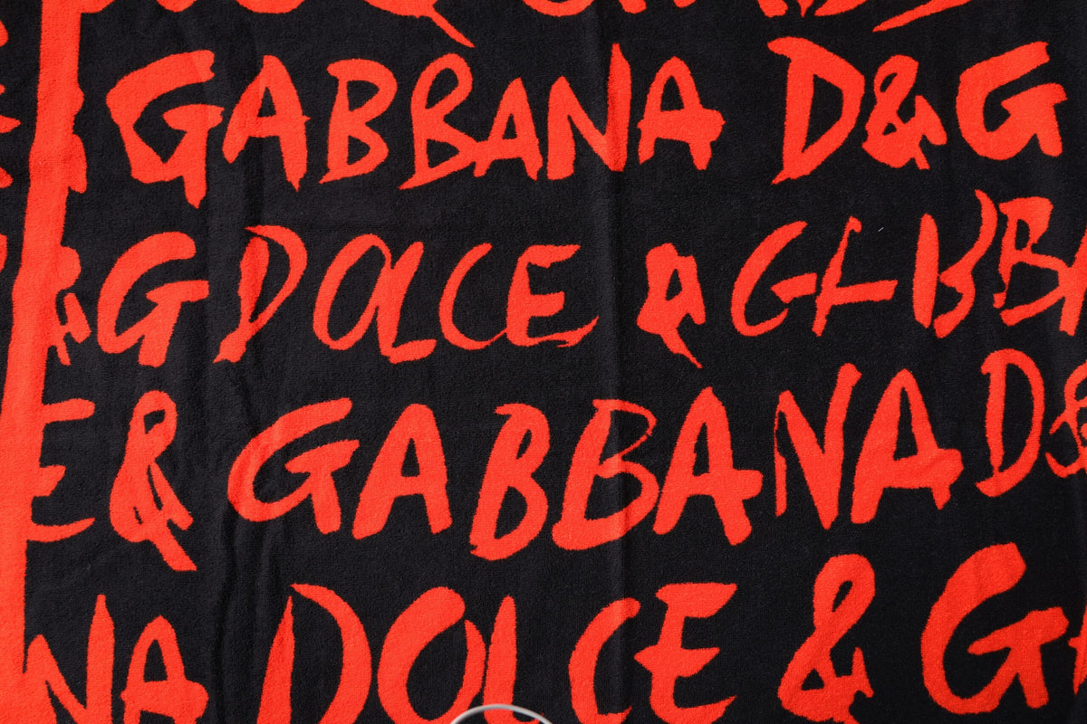 Dolce & Gabbana Black Red Logo Print Cotton Beach Towel