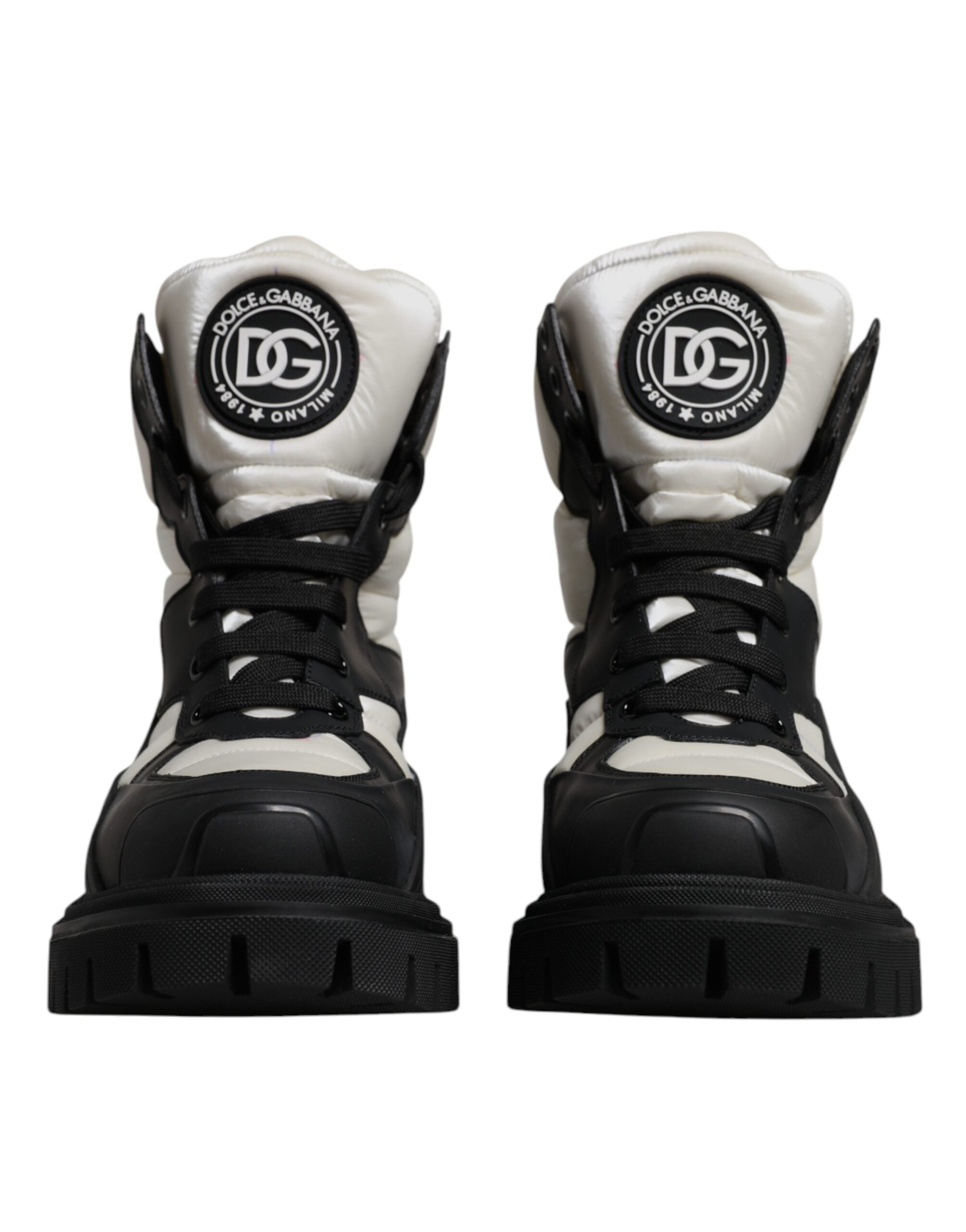 Dolce & Gabbana Black White Padded Mid Calf Lace Up Boots Shoes
