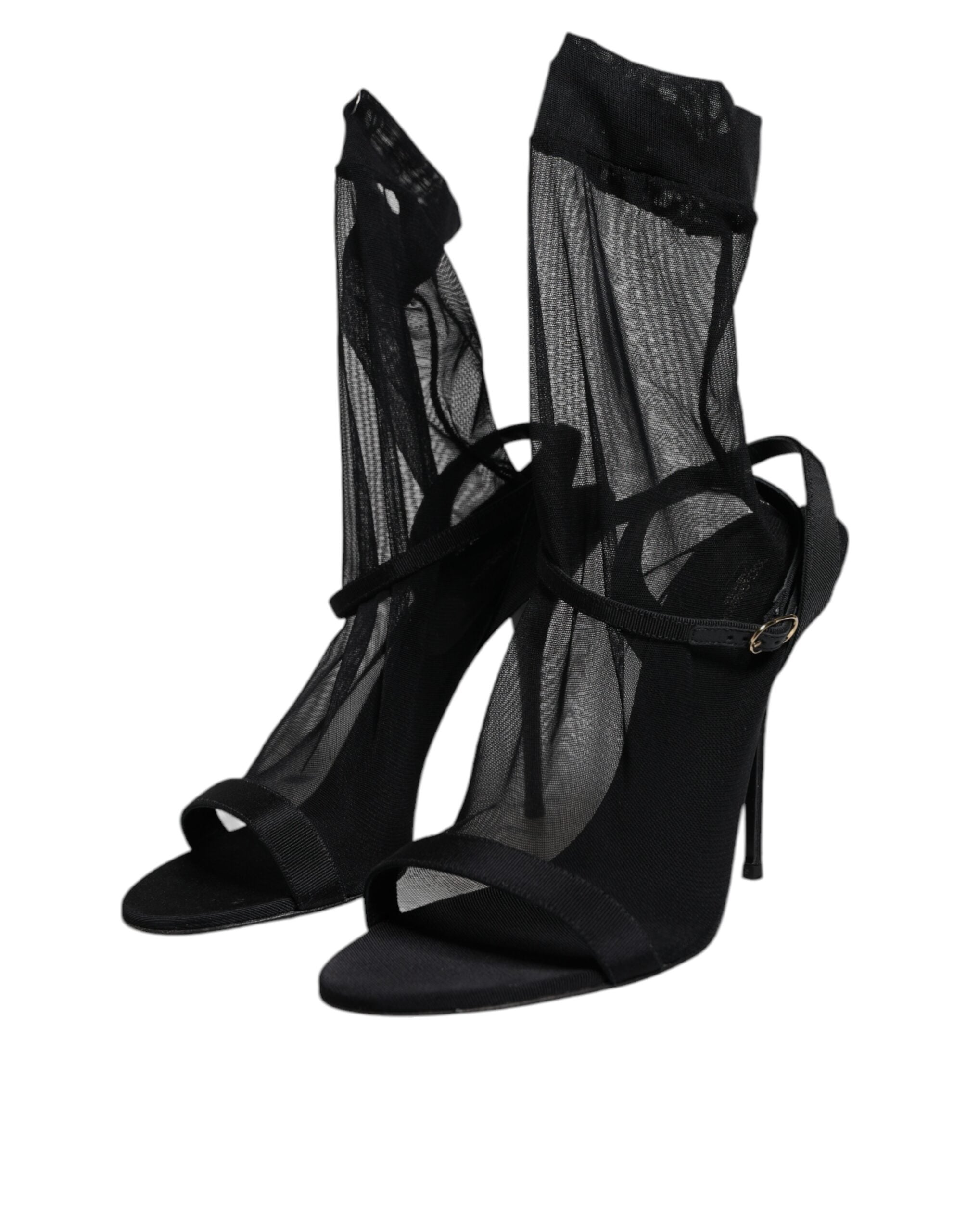 Dolce & Gabbana Black Tulle Stretch Heels Sandals Shoes
