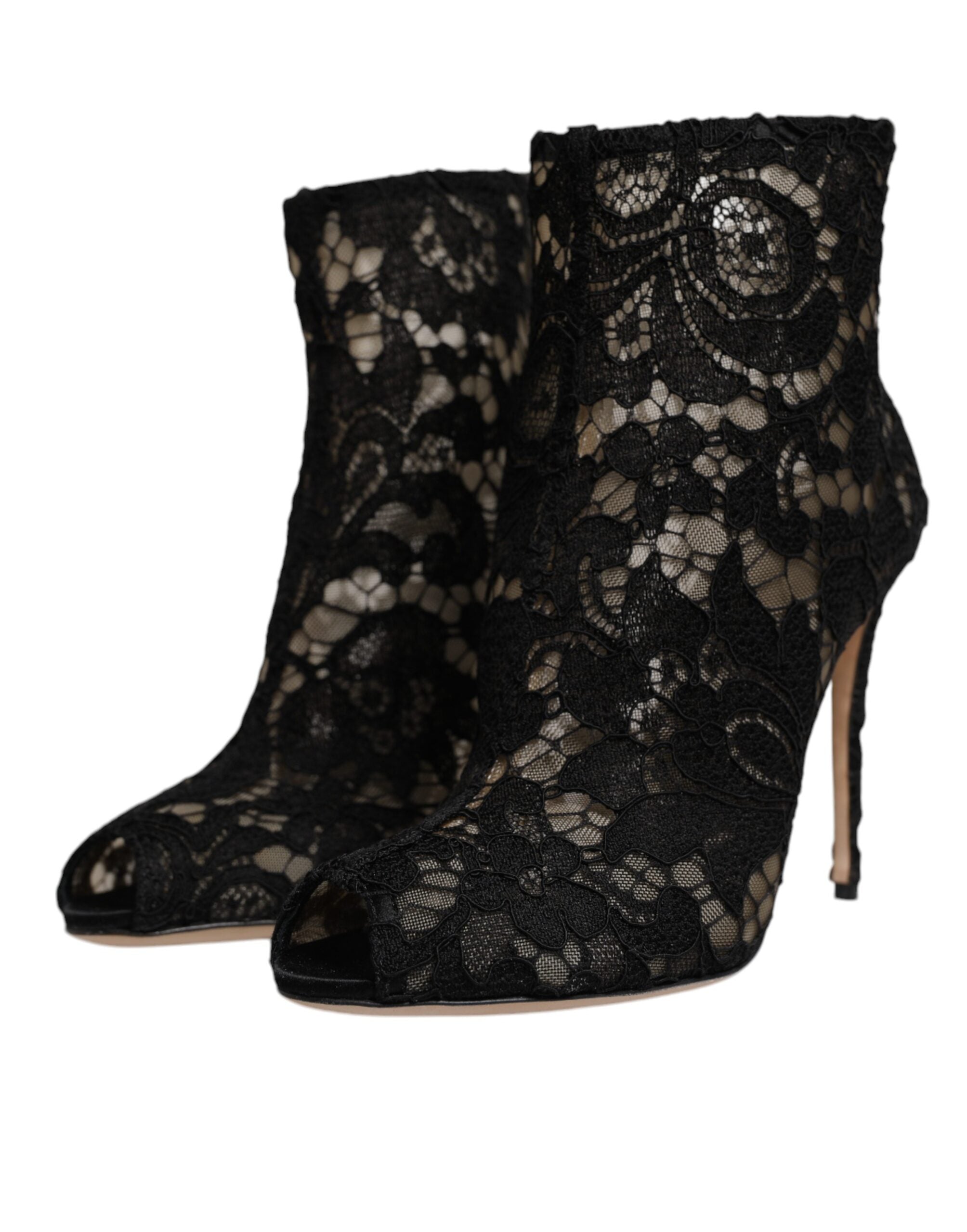 Dolce & Gabbana Black Floral Lace Heels Ankle Boots Shoes