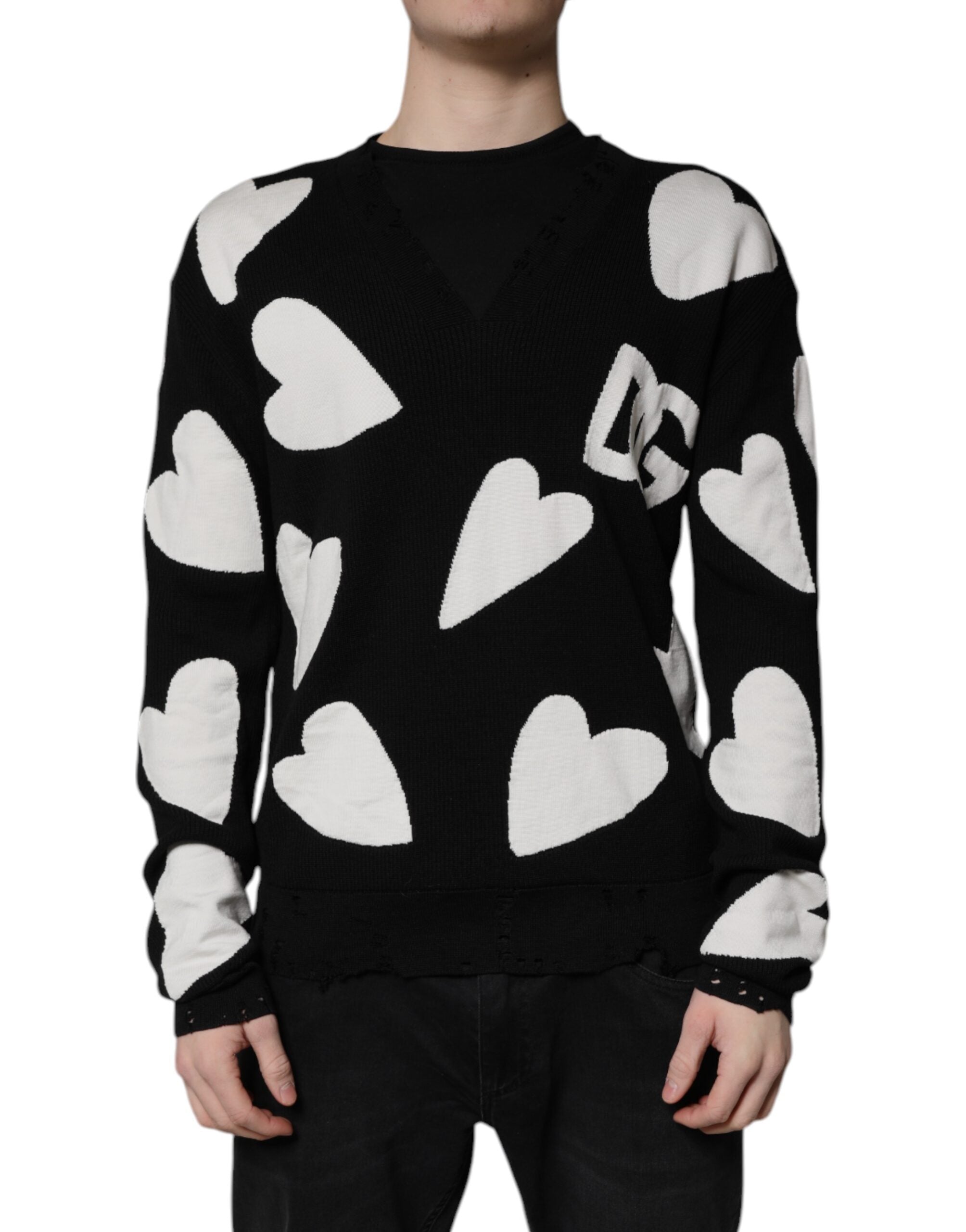 Dolce & Gabbana Black Hearts Silk Crew Neck Pullover Sweater