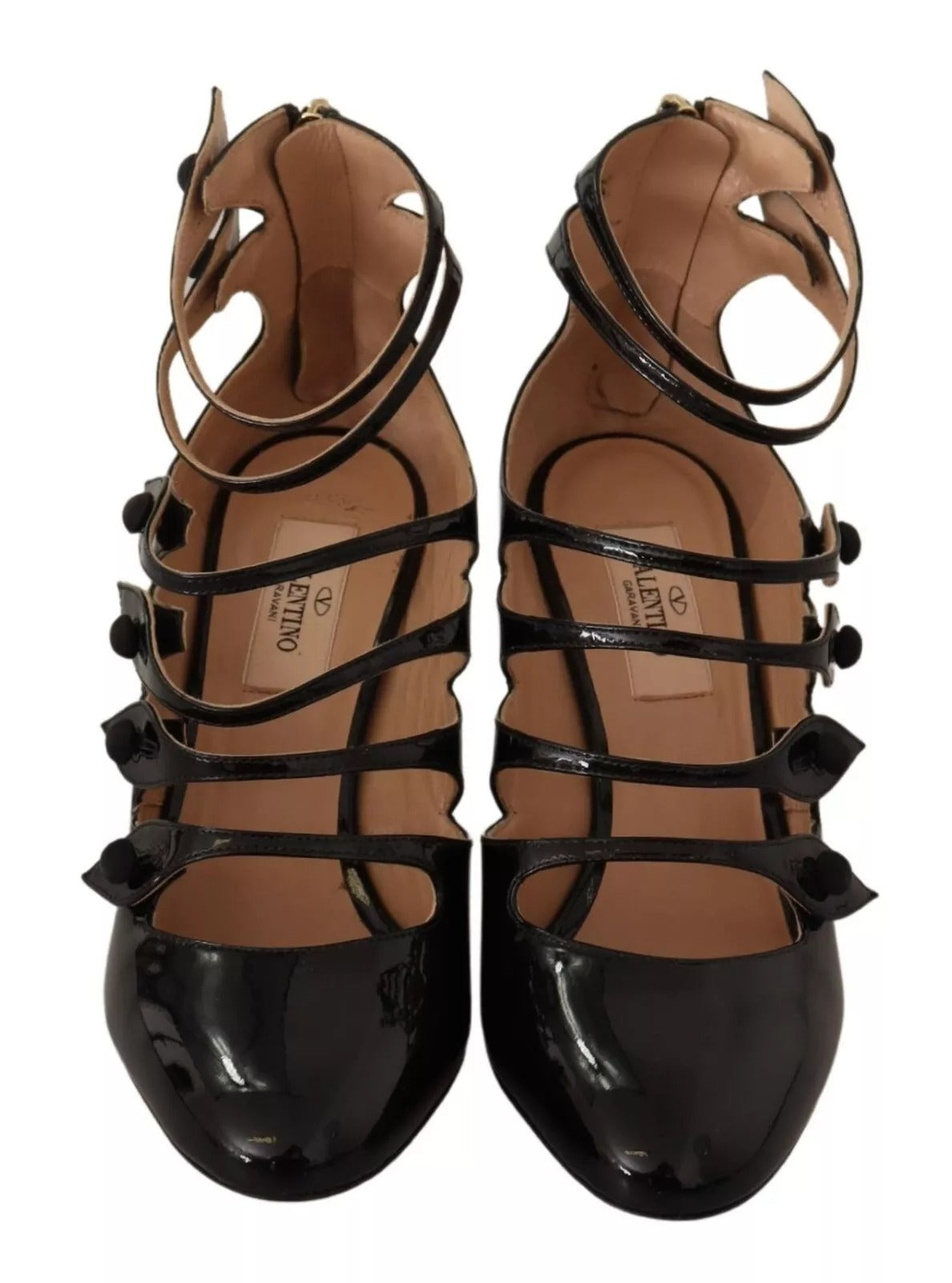 Red Valentino Black Multi Strap Leather Mid Heels Pumps Shoes
