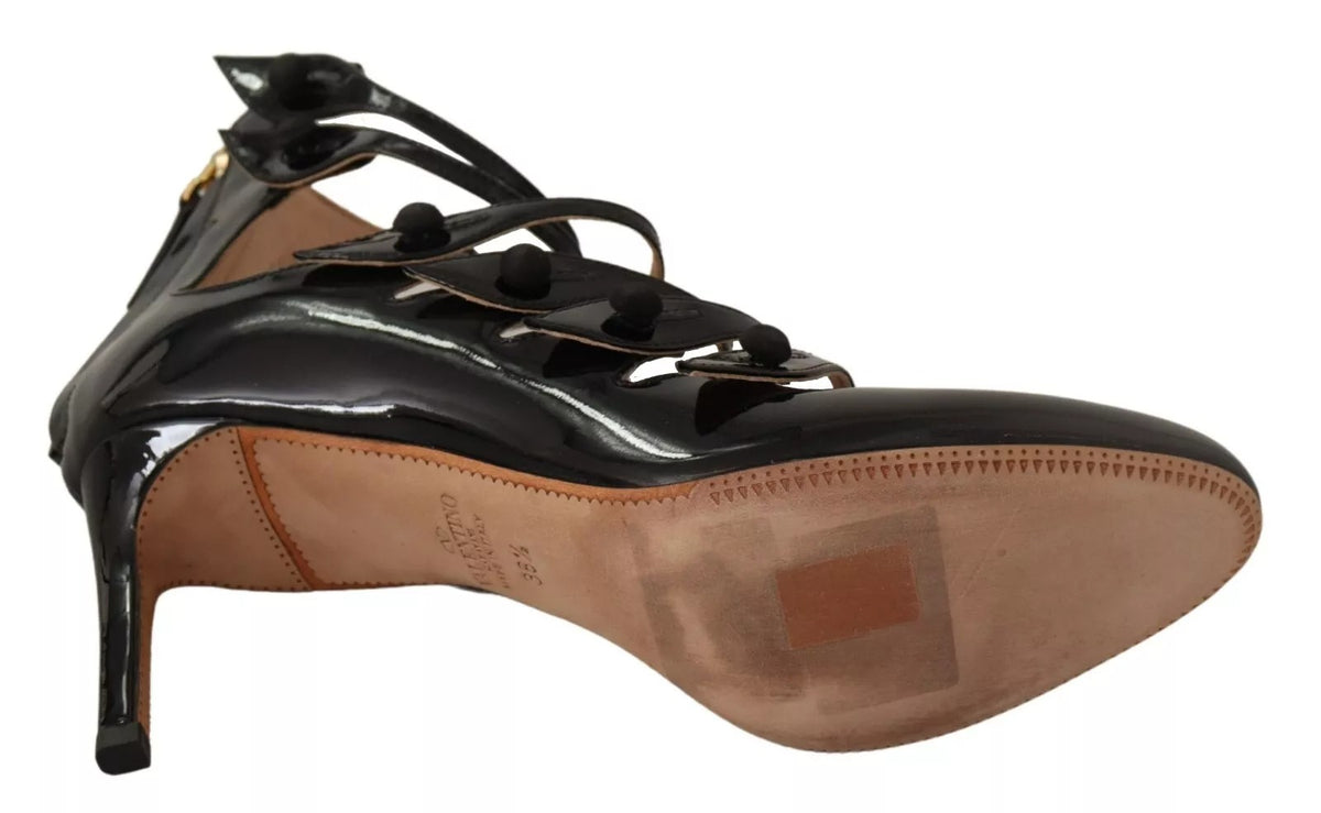 Red Valentino Black Multi Strap Leather Mid Heels Pumps Shoes