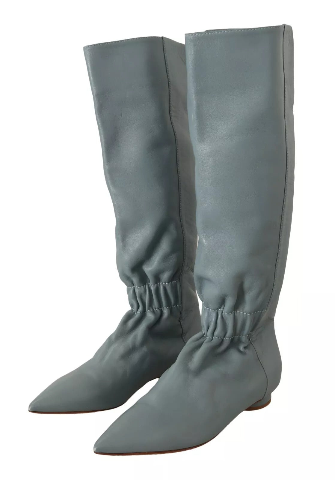 Red Valentino Blue Leather Elastic Flats Pull On Knee High Boots Shoes
