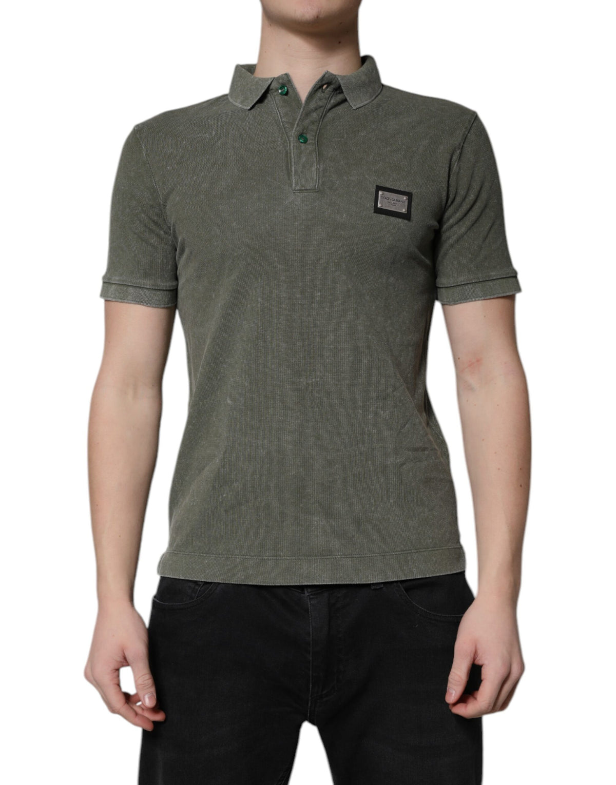 Dolce & Gabbana Army Green Logo Plaque Cotton Polo Shirt T-shirt