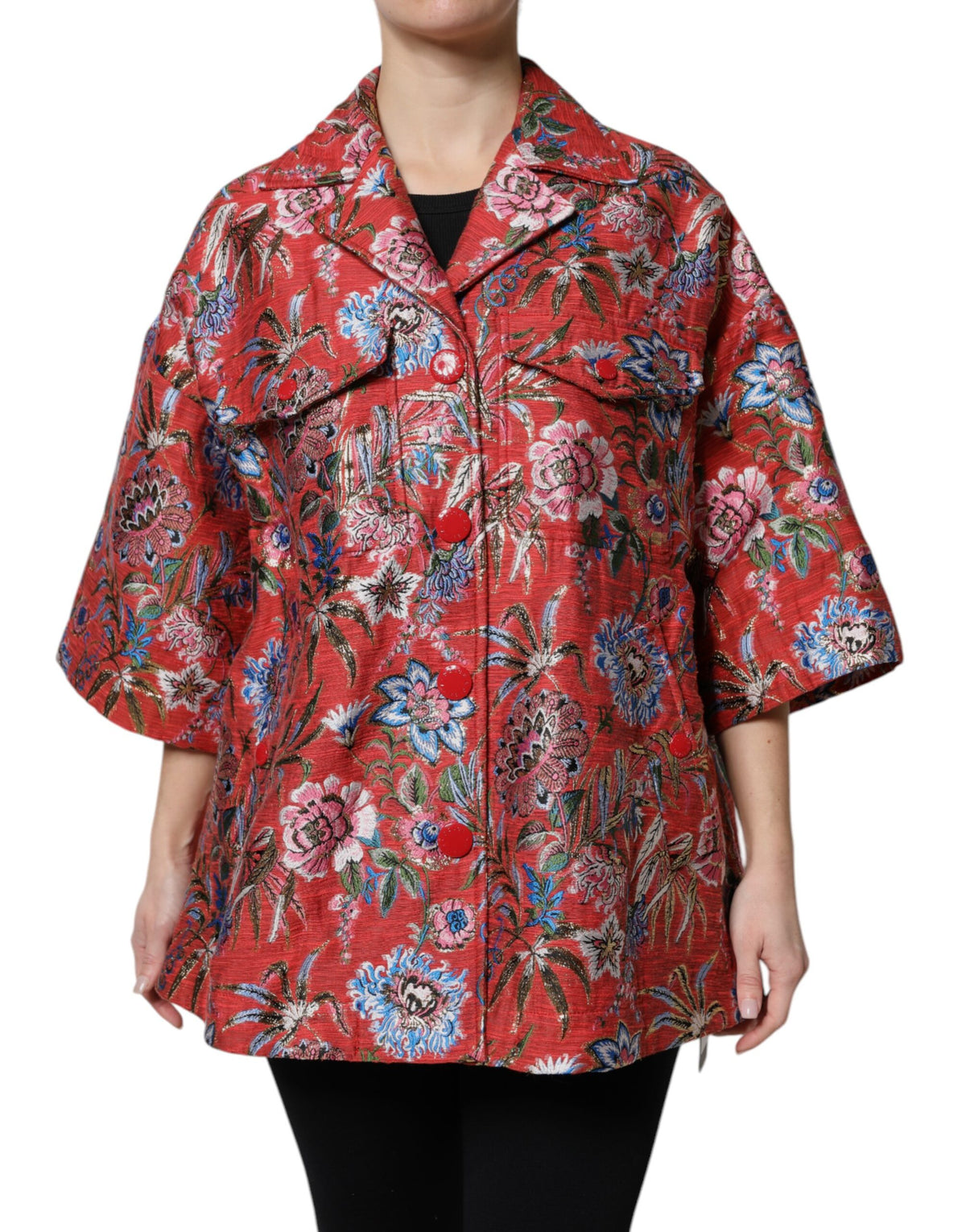 Dolce & Gabbana Red Floral Jacquard Button Down Coat Jacket