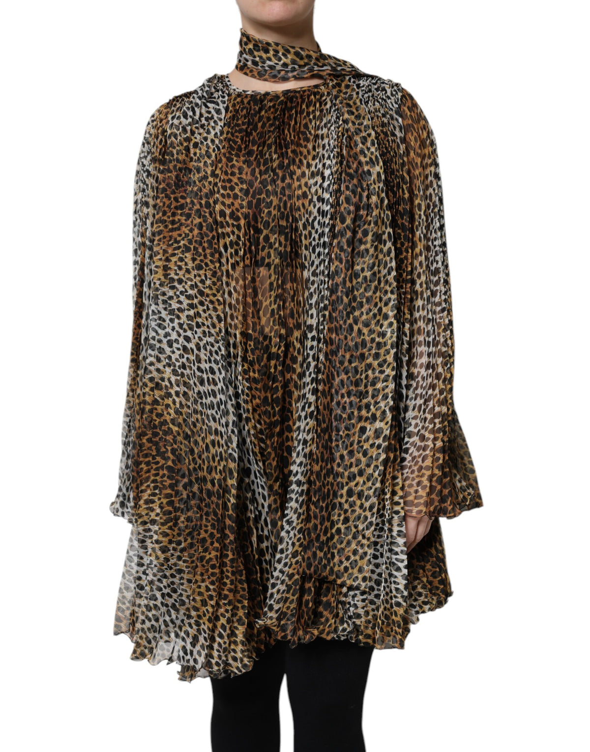 Dolce & Gabbana Brown Leopard Print Scarf Collared Chiffon Dress