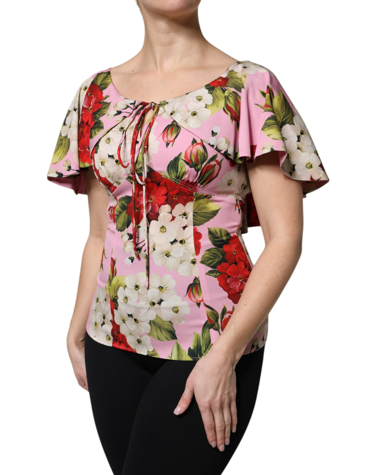 Dolce & Gabbana Pink Floral Silk Short Sleeves Blouse Top