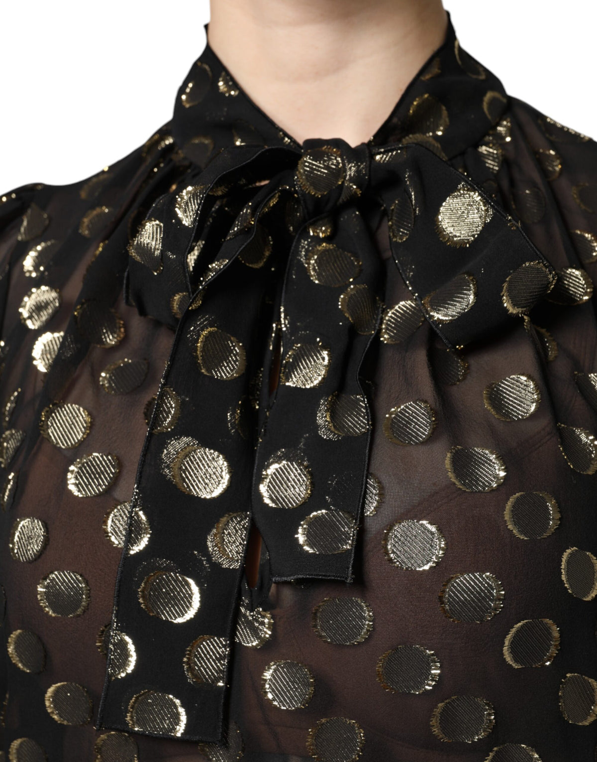Dolce & Gabbana Black Sheer Tied Neck Polka Dots Blouse Top