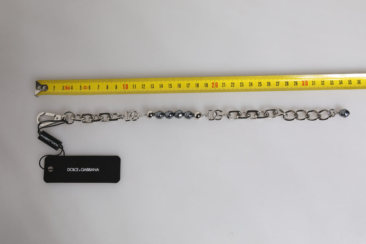 Dolce & Gabbana Silver Tone Chain Lobster Clasp Logo Gray Pearls Bracelet