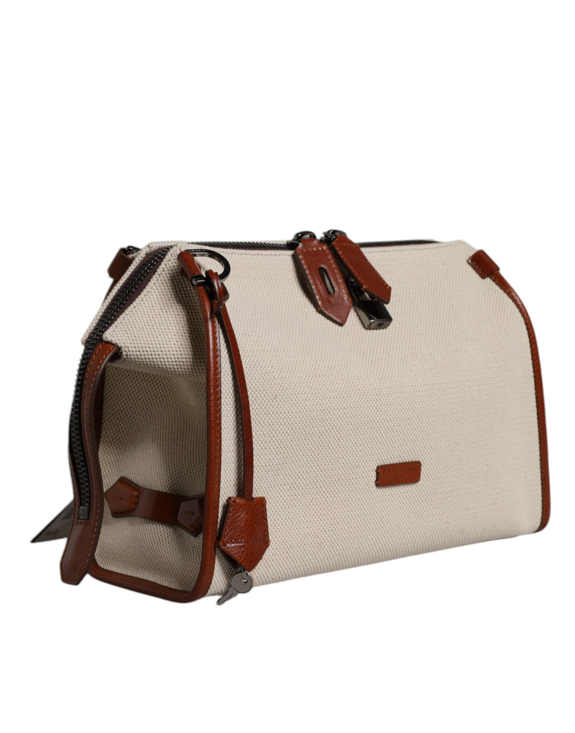 Dolce & Gabbana Beige Brown Cotton Leather Duffle Shoulder Bag