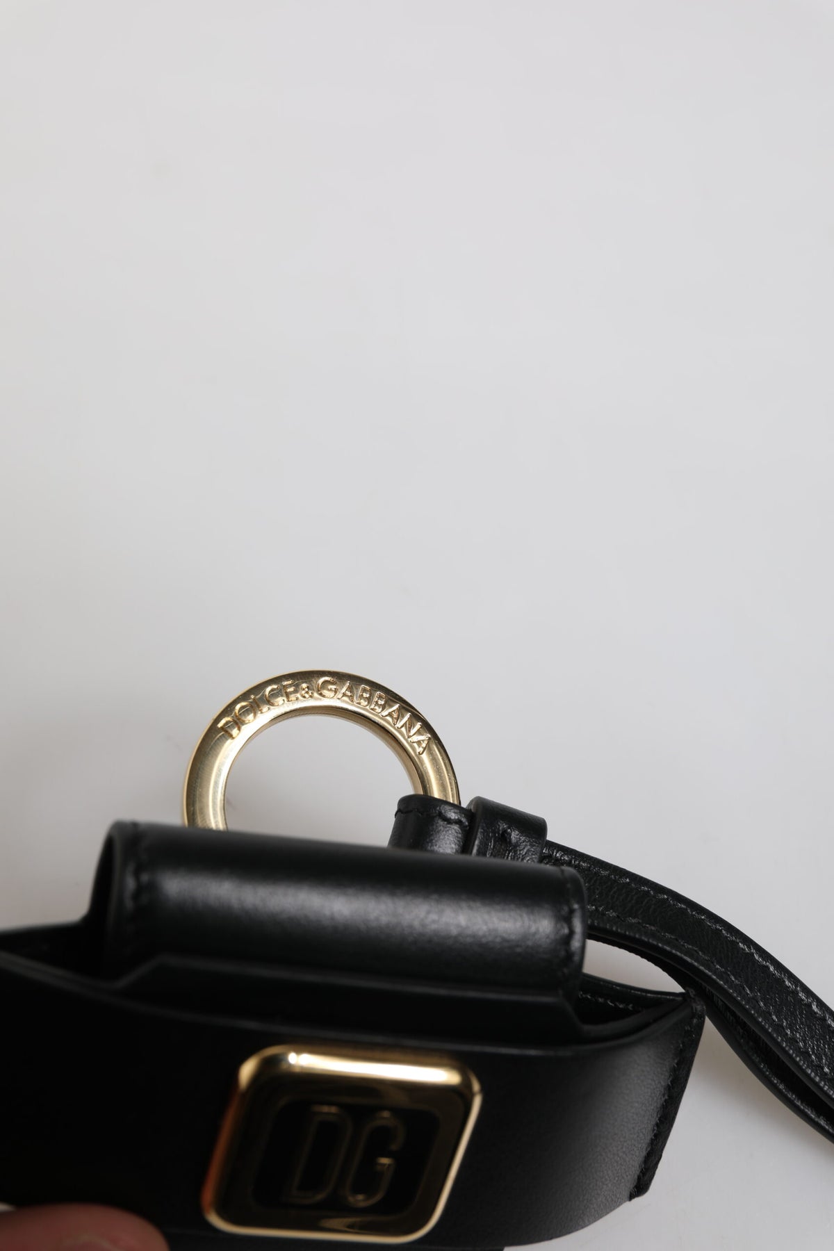 Dolce & Gabbana Black Leather Strap Gold Metal Logo Plaque Airpods Case