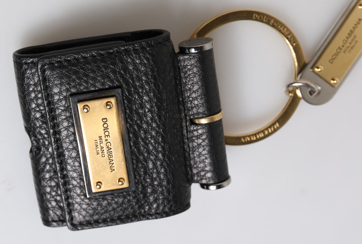 Dolce & Gabbana Black Leather Strap Gold Metal Logo Plaque Airpods Case