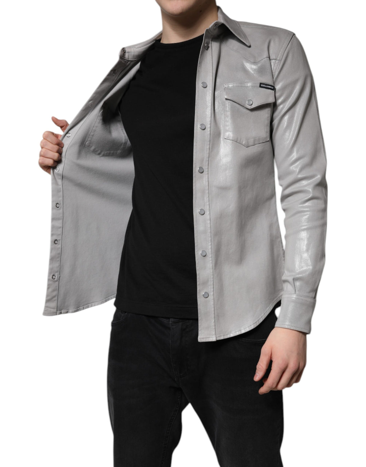 Dolce & Gabbana Metallic Gray Cotton Button Down Shirt