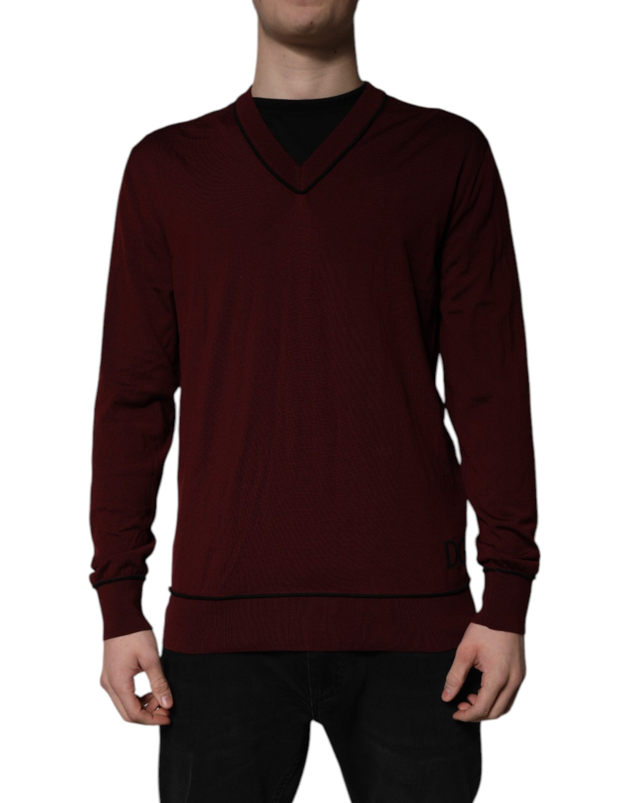 Dolce & Gabbana Maroon Cashmere V-neck Men Pullover Sweater