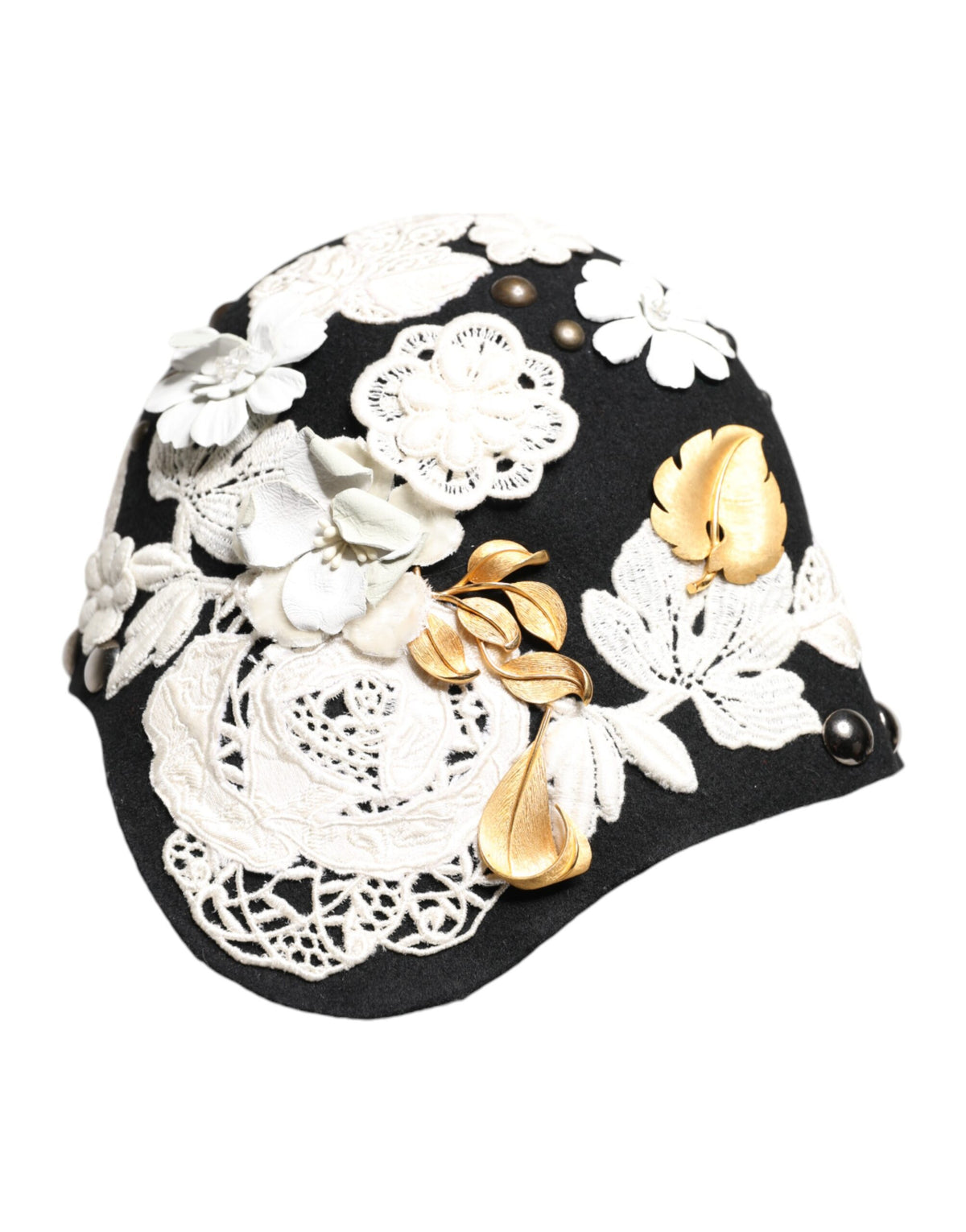 Dolce & Gabbana Black Wool White Floral Gold Leaf Cloche Hat