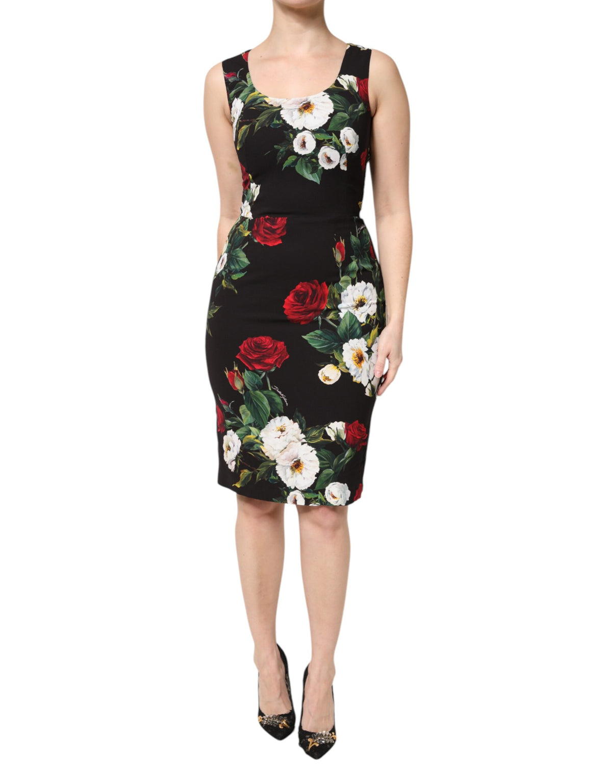 Dolce & Gabbana Black Floral Print Sleeveless Sheath Dress