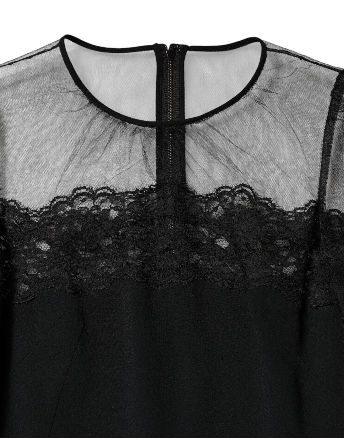 Dolce & Gabbana Black Lace Trim Nylon Tulle Sheath Midi Dress