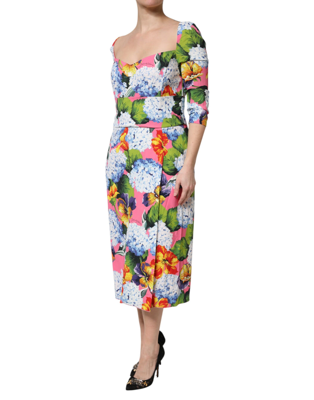 Dolce & Gabbana Multicolor Floral Pleated Sheath Midi Dress